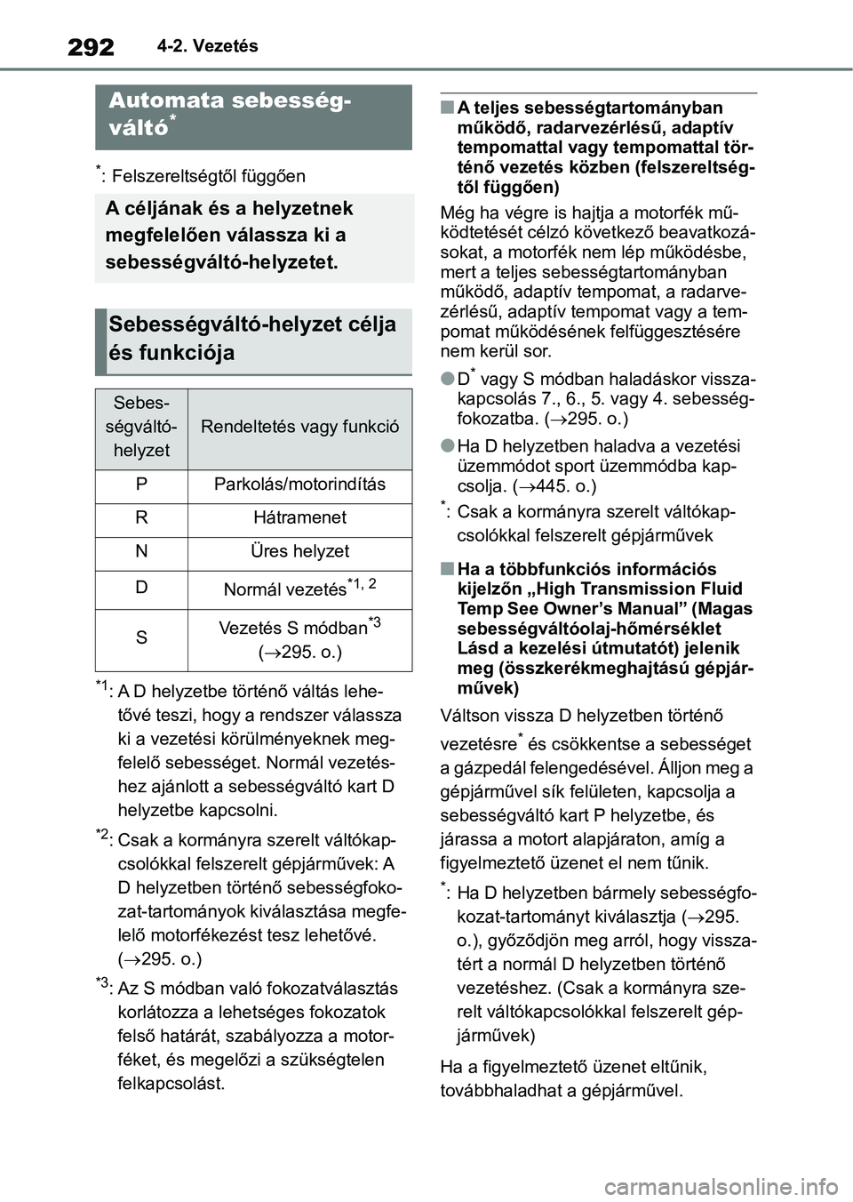 TOYOTA RAV4 2018 Kezelési útmutató (in Hungarian) 2924-2. Vezetés
*: Felszereltségtől függően
*1: A D helyzetbe történő váltás lehe-tővé teszi, hogy a rendszer válassza
ki a vezetési körülményeknek meg-
felelő sebessége t. Normál TOYOTA RAV4 2018 Kezelési útmutató (in Hungarian) 2924-2. Vezetés
*: Felszereltségtől függően
*1: A D helyzetbe történő váltás lehe-tővé teszi, hogy a rendszer válassza
ki a vezetési körülményeknek meg-
felelő sebessége t. Normál