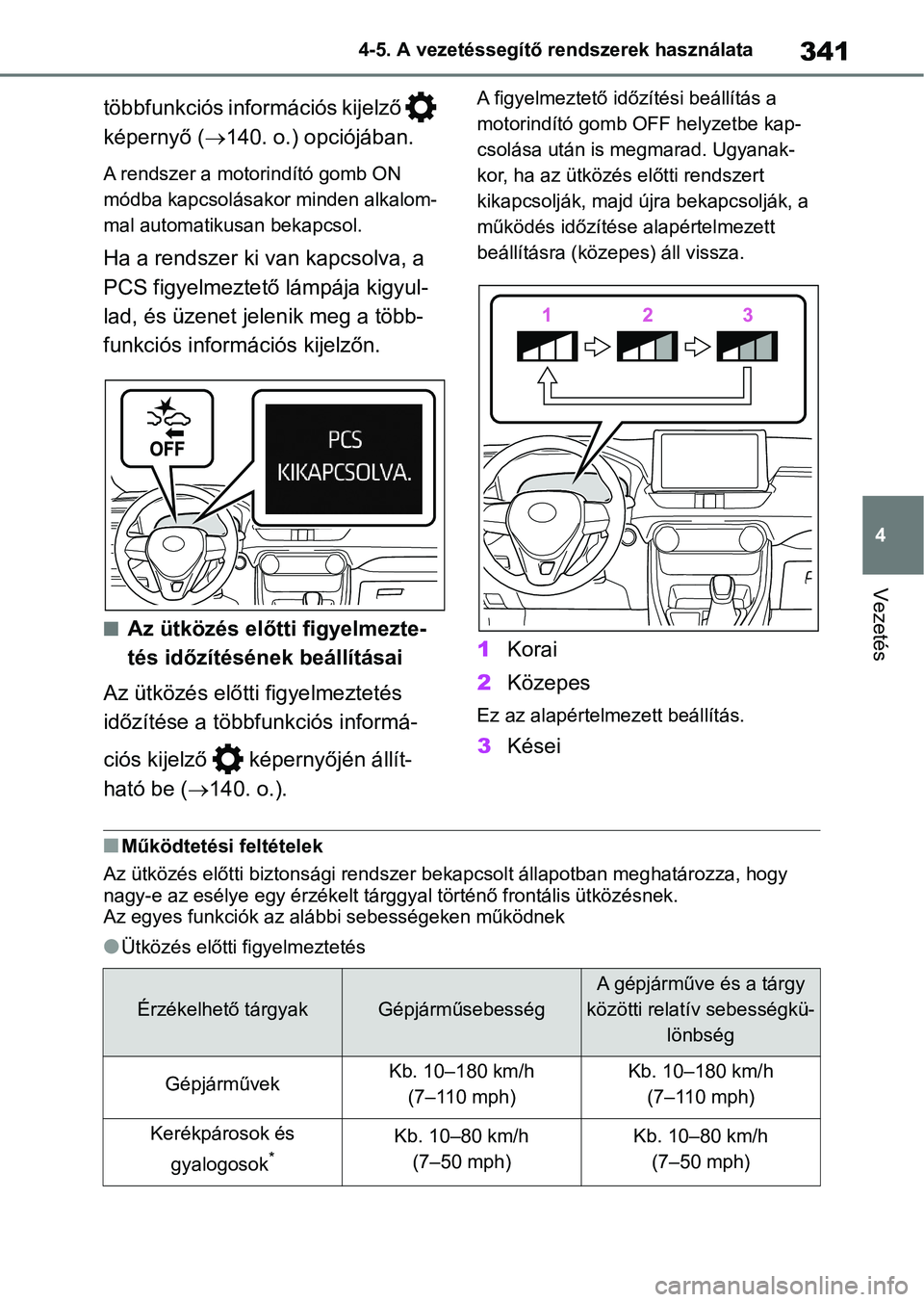 TOYOTA RAV4 2018 Kezelési útmutató (in Hungarian) 341
4
4-5. A vezetéssegítő rendszerek használata
Vezetés
többfunkciós inform
ációs kijelző
képernyő ( 140. o.) opciójában.
A rendszer a motorindító gomb ON
módba kapcsolásakor TOYOTA RAV4 2018 Kezelési útmutató (in Hungarian) 341
4
4-5. A vezetéssegítő rendszerek használata
Vezetés
többfunkciós inform
ációs kijelző
képernyő ( 140. o.) opciójában.
A rendszer a motorindító gomb ON
módba kapcsolásakor