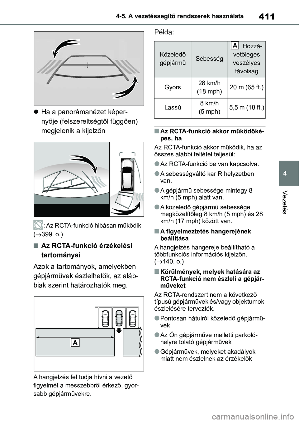 TOYOTA RAV4 2018 Kezelési útmutató (in Hungarian) 411
4
4-5. A vezetéssegítő rendszerek használata
Vezetés
Ha a panorámanézet képer-
nyője (felszereltségtől függően)
megjelenik a kijelzőn
: Az RCTA-funkció hibásan működik
( TOYOTA RAV4 2018 Kezelési útmutató (in Hungarian) 411
4
4-5. A vezetéssegítő rendszerek használata
Vezetés
Ha a panorámanézet képer-
nyője (felszereltségtől függően)
megjelenik a kijelzőn
: Az RCTA-funkció hibásan működik
(