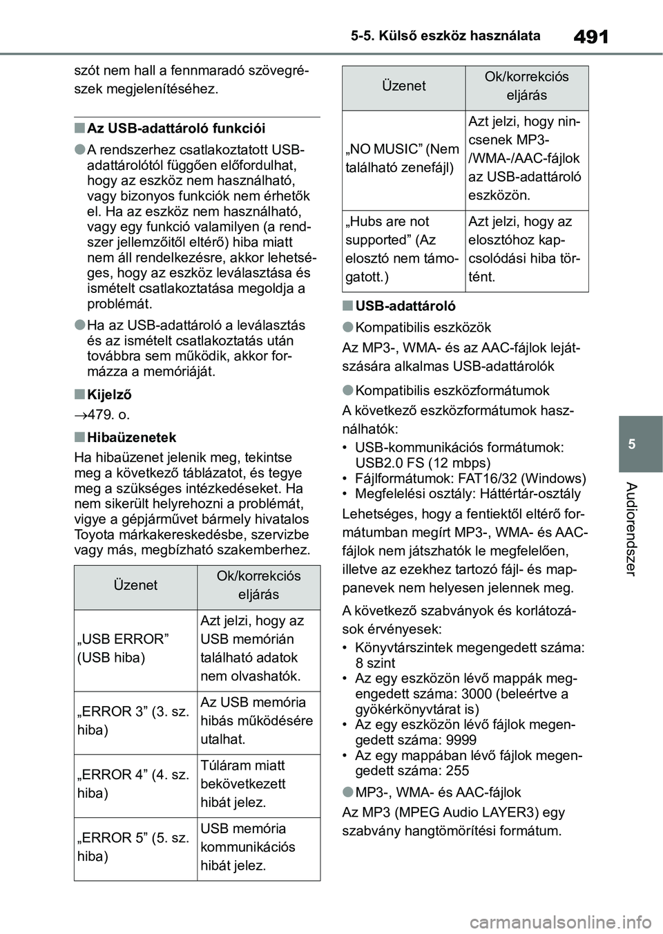 TOYOTA RAV4 2018 Kezelési útmutató (in Hungarian) 491
5
5-5. Külső eszköz használata
Audiorendszer
szót nem hall a fennmaradó szövegré-
szek megjelenítéséhez.
nAz USB-adattároló funkciói
lA rendszerhez csatlakoztatott USB-
adattárolót TOYOTA RAV4 2018 Kezelési útmutató (in Hungarian) 491
5
5-5. Külső eszköz használata
Audiorendszer
szót nem hall a fennmaradó szövegré-
szek megjelenítéséhez.
nAz USB-adattároló funkciói
lA rendszerhez csatlakoztatott USB-
adattárolót
