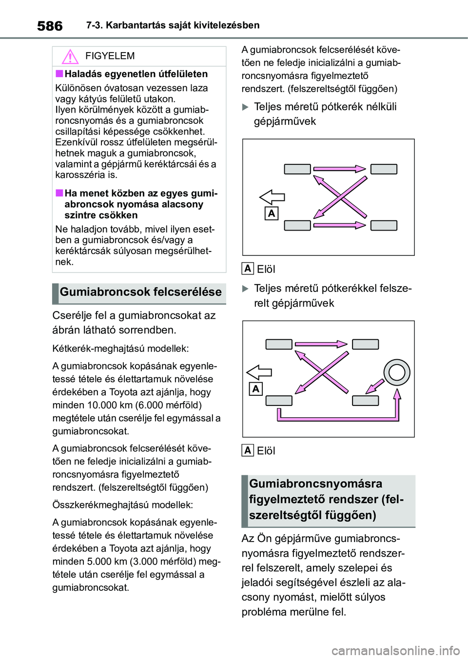 TOYOTA RAV4 2018 Kezelési útmutató (in Hungarian) 5867-3. Karbantartás saját kivitelezésben
Cserélje fel a gumiabroncsokat az
ábrán látható sorrendben.
Kétkerék-meghajtású modellek:
A gumiabroncsok kopásának egyenle-
tessé tétele és TOYOTA RAV4 2018 Kezelési útmutató (in Hungarian) 5867-3. Karbantartás saját kivitelezésben
Cserélje fel a gumiabroncsokat az
ábrán látható sorrendben.
Kétkerék-meghajtású modellek:
A gumiabroncsok kopásának egyenle-
tessé tétele és