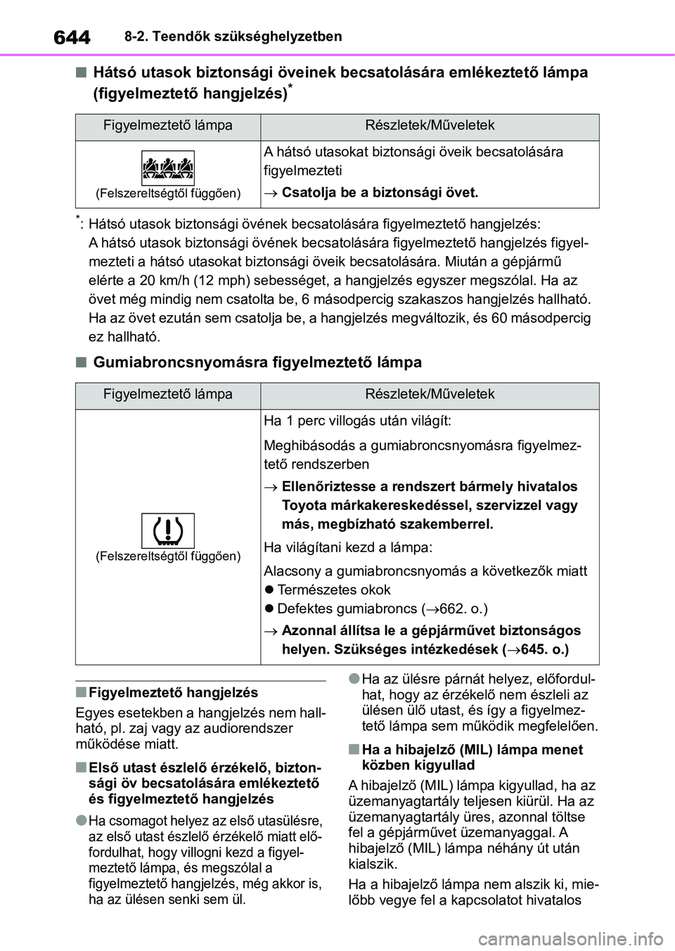 TOYOTA RAV4 2018  Kezelési útmutató (in Hungarian) 6448-2. Teendők szükséghelyzetben
nHátsó utasok biztonsági öveinek becsatolására emlékeztető lámpa  
(figyelmeztető hangjelzés)*
*: Hátsó utasok biztonsági övének  becsatolására f