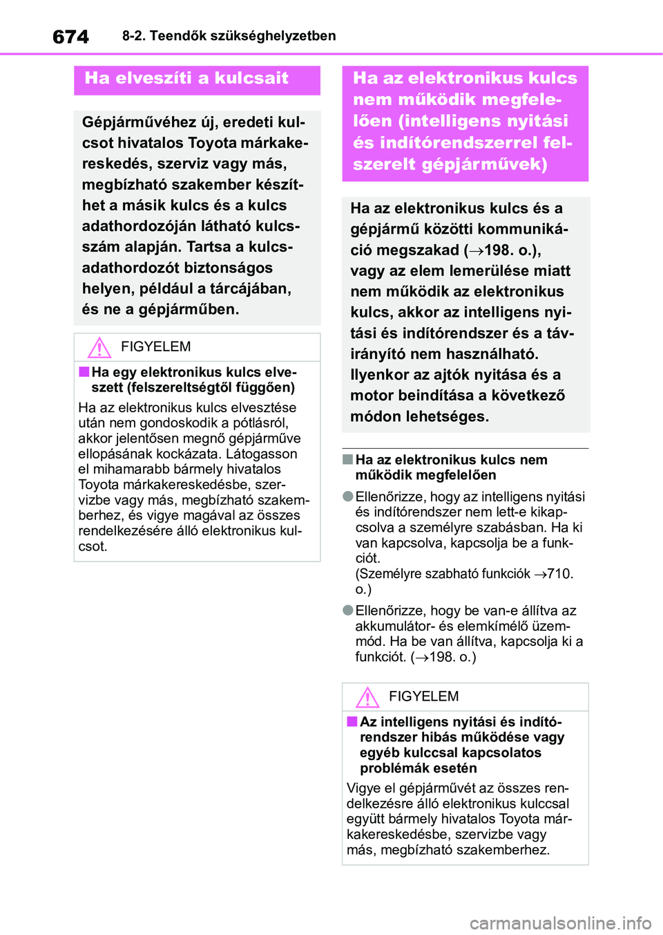 TOYOTA RAV4 2018  Kezelési útmutató (in Hungarian) 6748-2. Teendők szükséghelyzetben
nHa az elektronikus kulcs nem 
működik megfelelően
lEllenőrizze, hogy az intelligens nyitási 
és indítórendszer nem lett-e kikap-
csolva a személyre szab