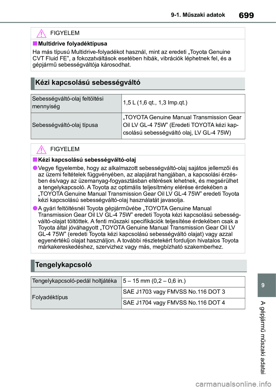 TOYOTA RAV4 2018 Kezelési útmutató (in Hungarian) 699
9
9-1. Műszaki adatok
A gépjármű műszaki adatai
FIGYELEM
nMultidrive folyadéktípusa
Ha más típusú Multidrive-foly adékot használ, mint az eredeti „T oyota Genuine
CVT Fluid FE”, a TOYOTA RAV4 2018 Kezelési útmutató (in Hungarian) 699
9
9-1. Műszaki adatok
A gépjármű műszaki adatai
FIGYELEM
nMultidrive folyadéktípusa
Ha más típusú Multidrive-foly adékot használ, mint az eredeti „T oyota Genuine
CVT Fluid FE”, a
