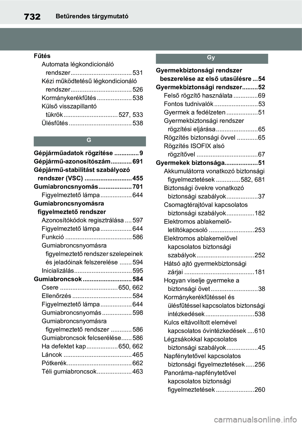TOYOTA RAV4 2018  Kezelési útmutató (in Hungarian) 732Betűrendes tárgymutató
Fűtés Automata légkondicionáló rendszer ................................... 531
Kézi működtetésű légkondicionáló  rendszer ...................................