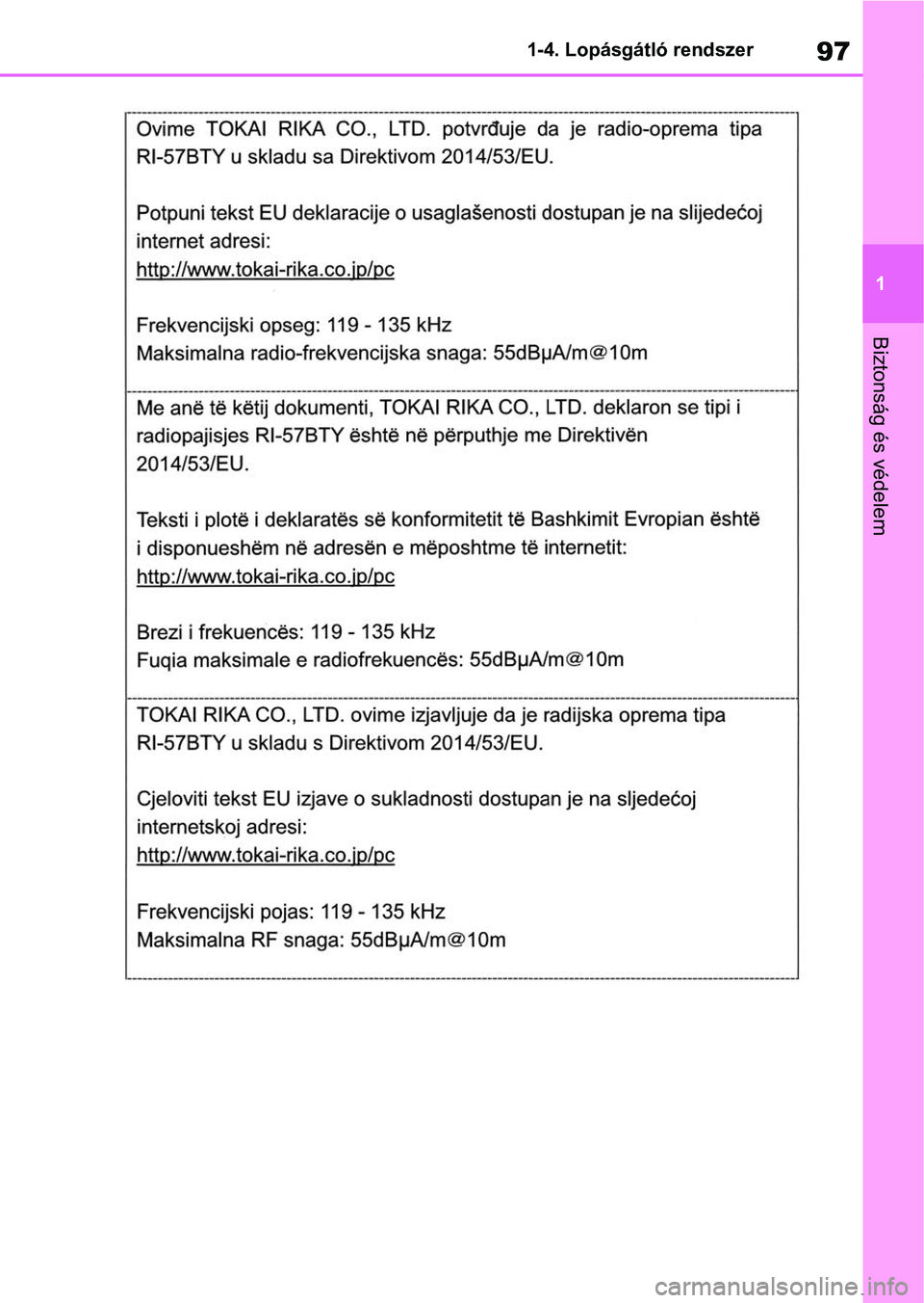 TOYOTA RAV4 2018  Kezelési útmutató (in Hungarian) 97
1
1-4. Lopásgátló rendszer
Biztonság és védelem 
