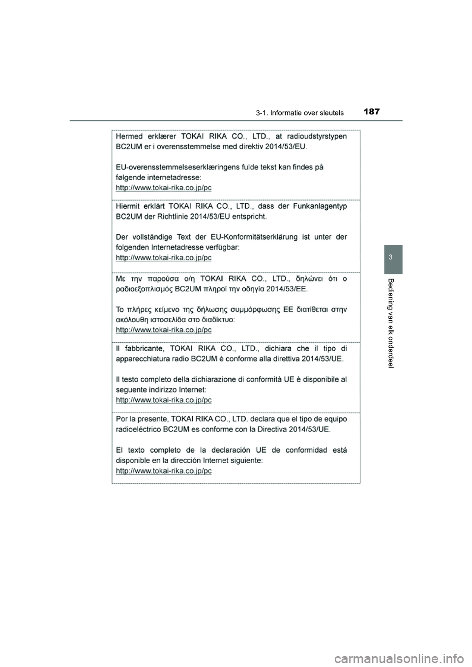 TOYOTA RAV4 2018  Instructieboekje (in Dutch) 1873-1. Informatie over sleutels
3
Bediening van elk onderdeel
RAV4_OM_OM42B70E_(EE)
RAV4_OM_OM42B70E_(EE).book  Page 187  Thursday, July 6, 2017  9:19 AM 