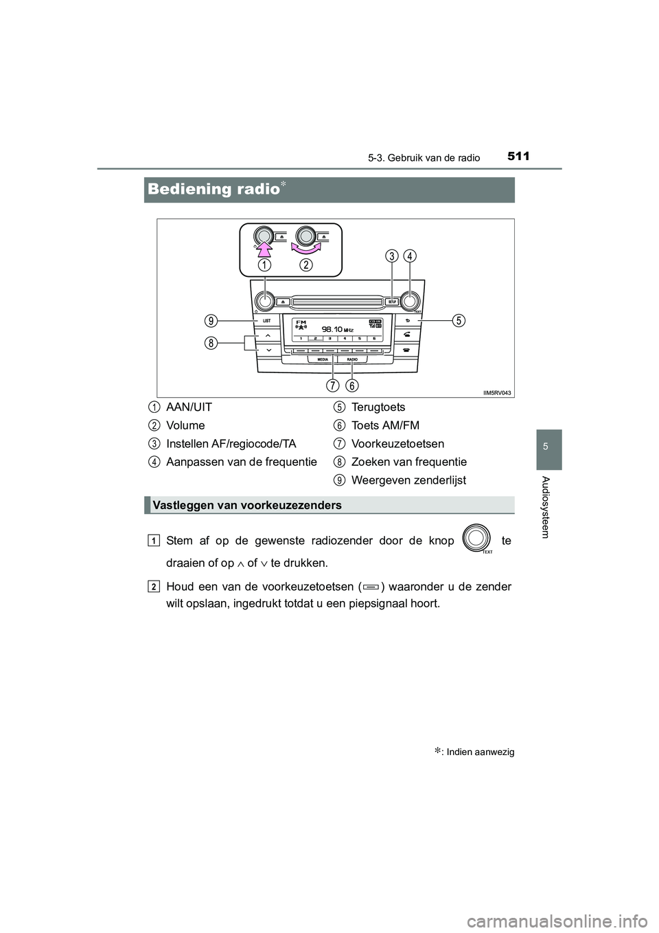TOYOTA RAV4 2018  Instructieboekje (in Dutch) 511
5
5-3. Gebruik van de radio
Audiosysteem
RAV4_OM_OM42B70E_(EE)
Bediening radio∗
Stem  af  op  de  gewenste  radiozender  door  de  knop    te
draaien of op ∧ of  ∨ te drukken.
Houd  een  van