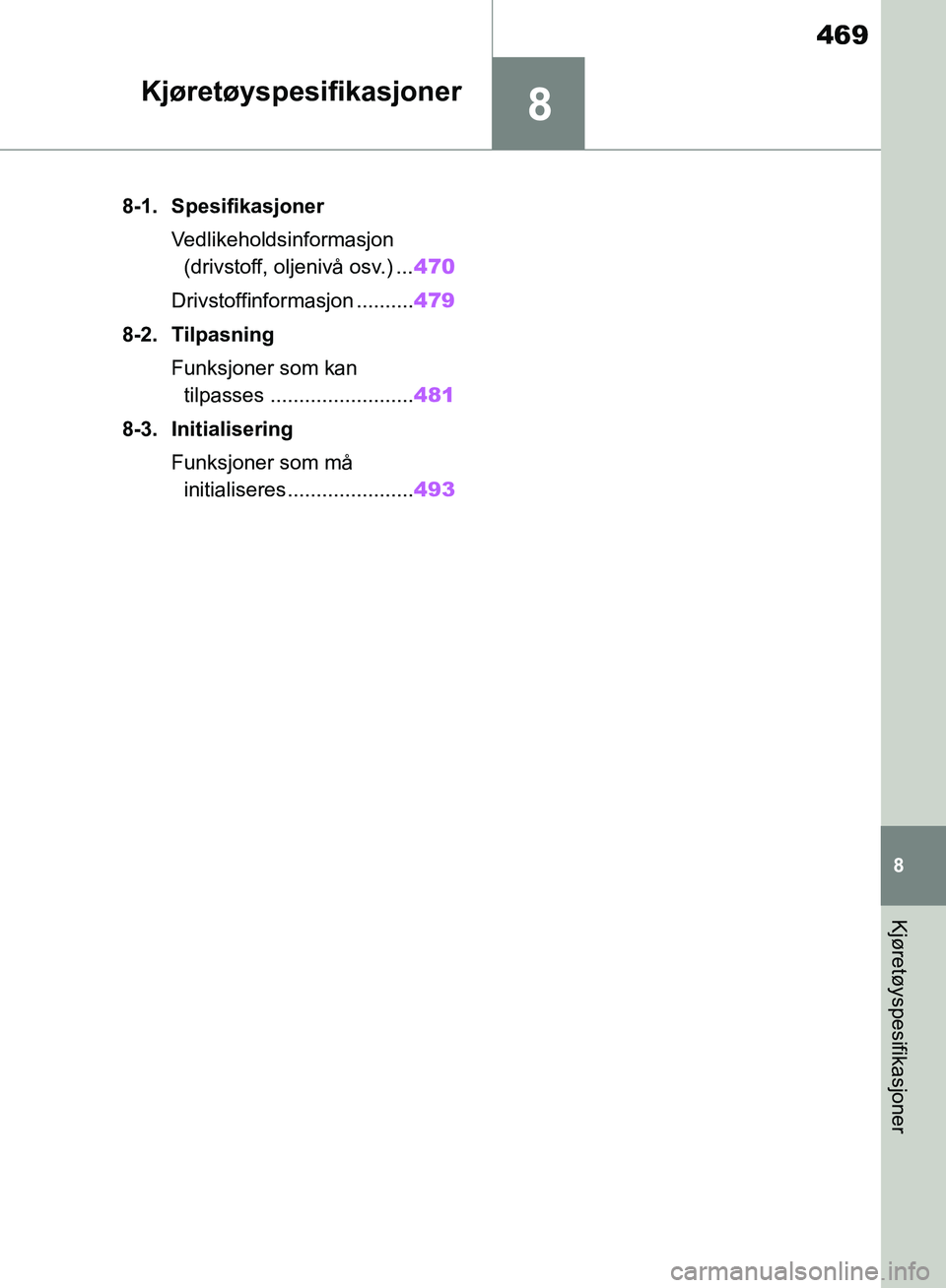 TOYOTA RAV4 2018  Instruksjoner for bruk (in Norwegian) 8
469
OM42B46NO
8
Kjøretøyspesifikasjoner
Kjøretøyspesifikasjoner
8-1. SpesifikasjonerVedlikeholdsinformasjon (drivstoff, oljenivå osv.) ... 470
Drivstoffinformasjon .......... 479
8-2. Tilpasnin