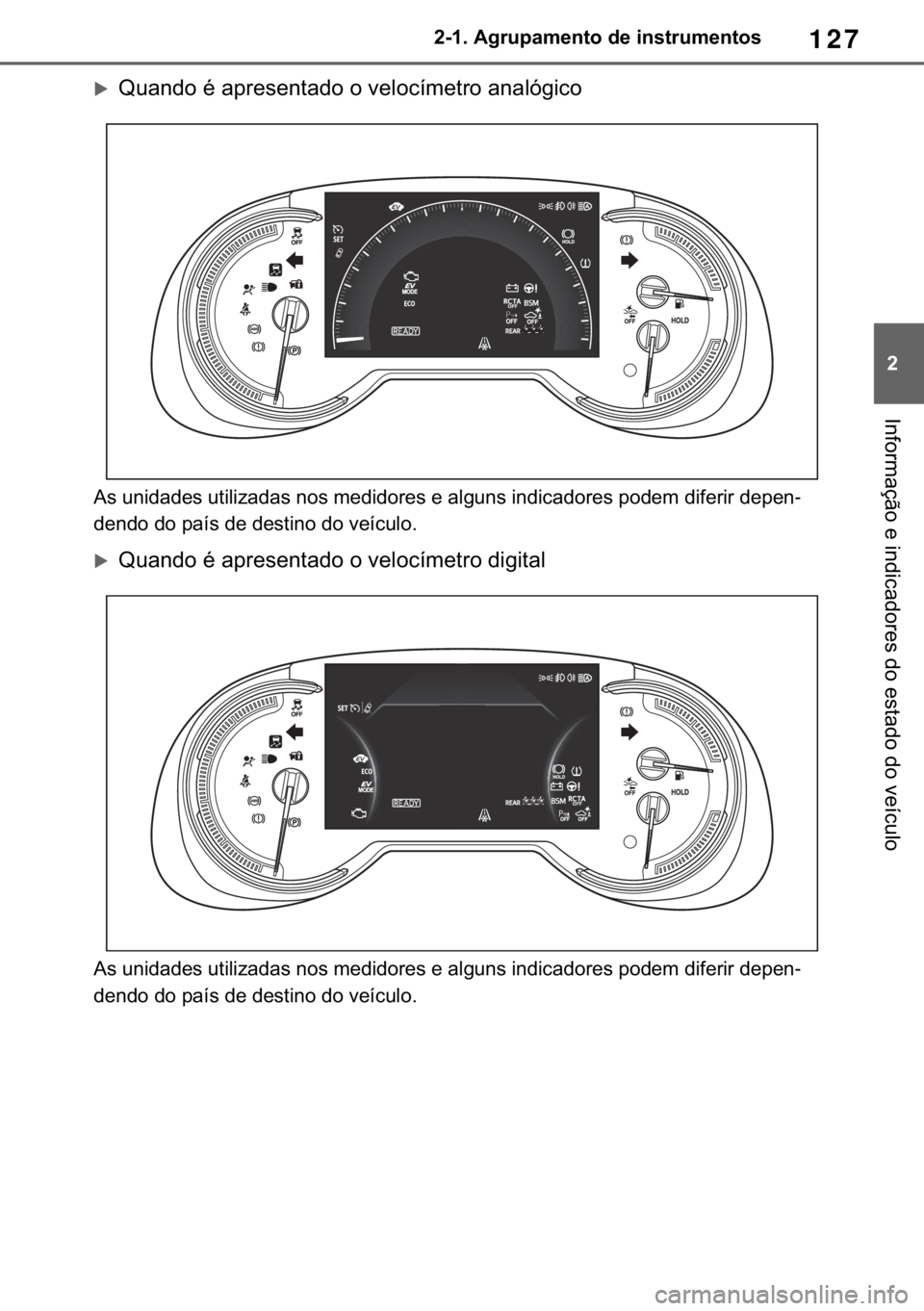 TOYOTA RAV4 2018  Manual de utilização (in Portuguese) 127
� ������$�J�U�X�S�D�P�H�Q�W�R��G�H��L�Q�V�W�U�X�P�H�Q�W�R�V
�,�Q�I�R�U�P�D�o�m�R��H��L�Q�G�L�F�D�G�R�U�H�V��G�R��H�V�W�D�G�R��G�R��Y�H�t�F�X�O�R
�X�4�X�D�Q�G�R��p��D�S�U�H�V�H�Q�W�