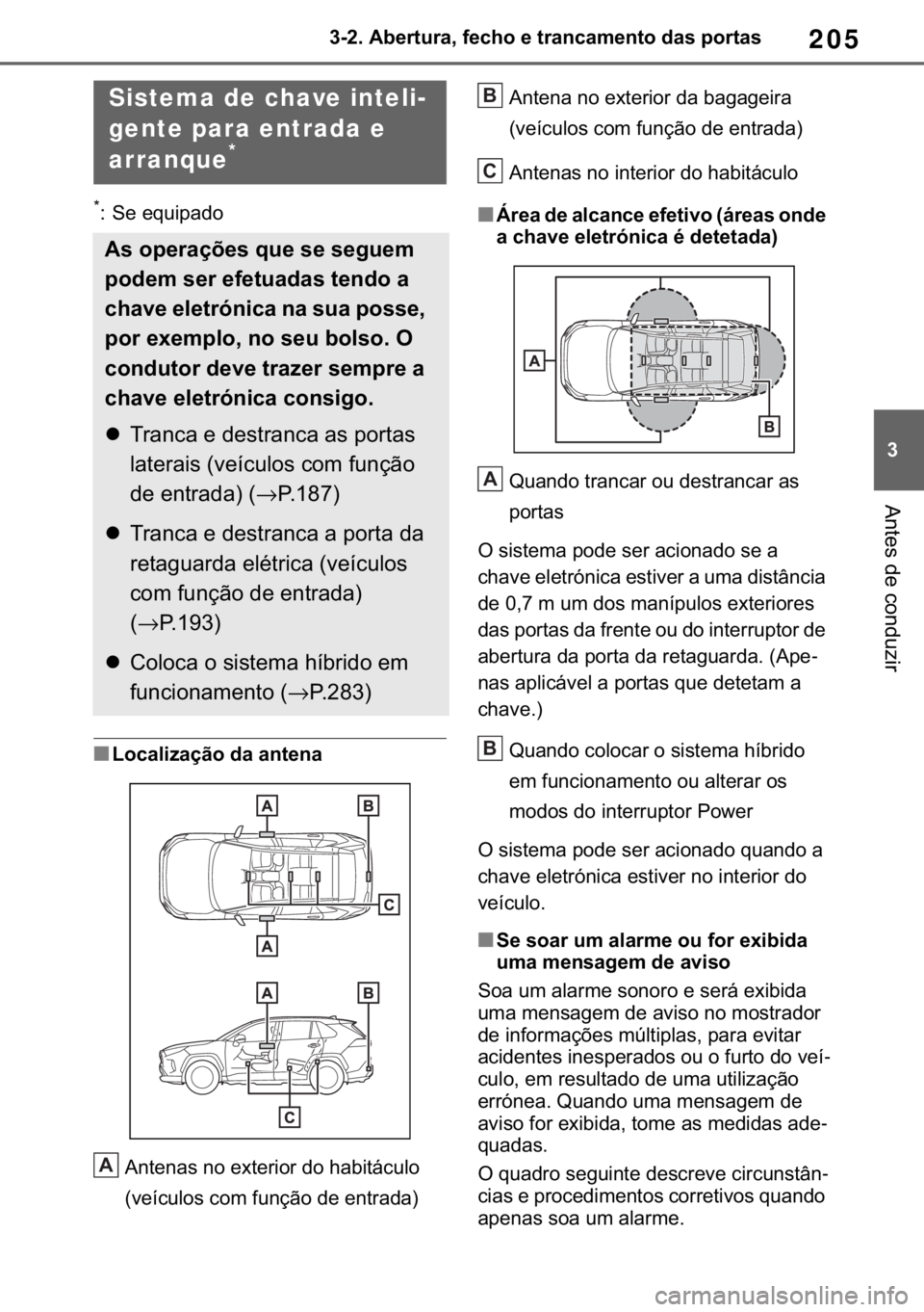 TOYOTA RAV4 2018  Manual de utilização (in Portuguese) 205
� ������$�E�H�U�W�X�U�D���I�H�F�K�R��H��W�U�D�Q�F�D�P�H�Q�W�R��G�D�V��S�R�U�W�D�V
�$�Q�W�H�V��G�H��F�R�Q�G�X�]�L�U
�
� �6�H��H�T�X�L�S�D�G�R
■�/�R�F�D�O�L�]�D�o�m�R��G�D��D�Q�W
