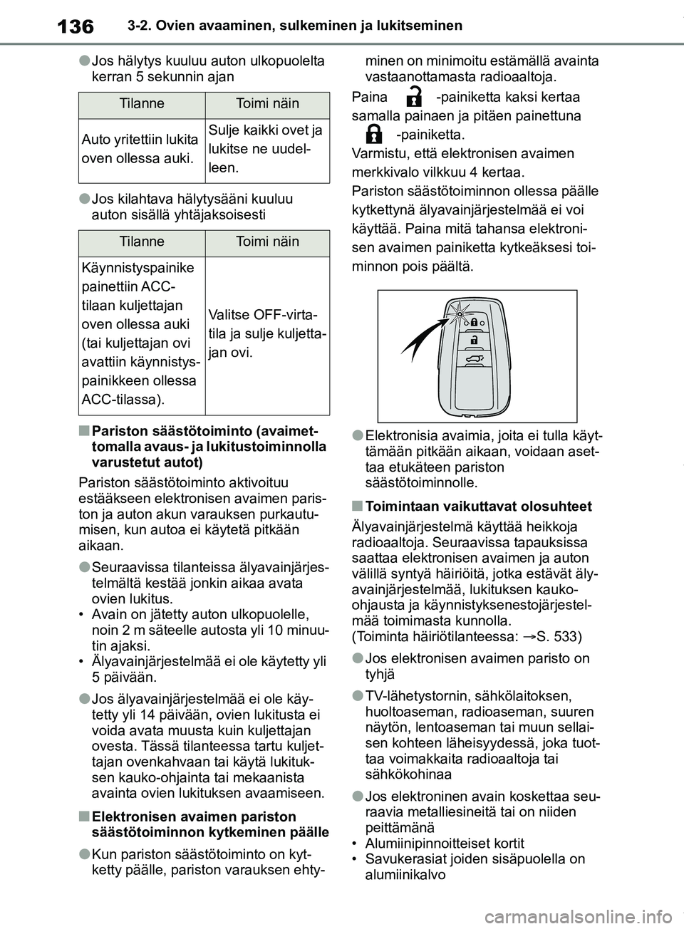 TOYOTA RAV4 2018 Omistajan Käsikirja (in Finnish) 1363-2. Ovien avaaminen, sulkeminen ja lukitseminen
lJos hälytys kuuluu auton ulkopuolelta
kerran 5 sekunnin ajan
lJos kilahtava hälytysääni kuuluu
auton sisällä yhtäjaksoisesti
nPariston sä TOYOTA RAV4 2018 Omistajan Käsikirja (in Finnish) 1363-2. Ovien avaaminen, sulkeminen ja lukitseminen
lJos hälytys kuuluu auton ulkopuolelta
kerran 5 sekunnin ajan
lJos kilahtava hälytysääni kuuluu
auton sisällä yhtäjaksoisesti
nPariston sä
