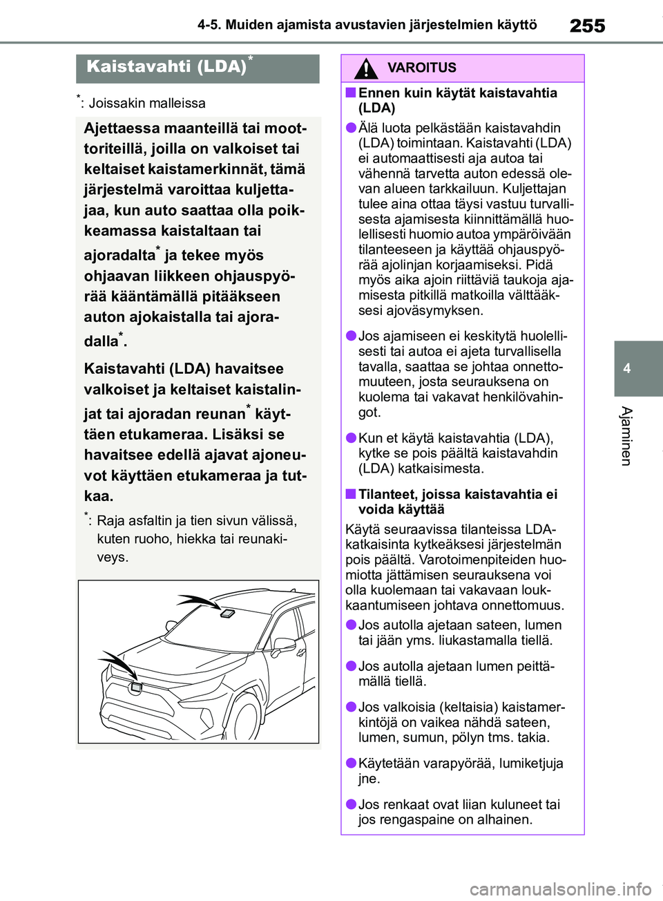 TOYOTA RAV4 2018 Omistajan Käsikirja (in Finnish) 255
4
4-5. Muiden ajamista avustavien järjestelmien käyttö
Ajaminen
*: Joissakin malleissa
Kaistavahti (LDA)*
Ajettaessa maanteillä tai moot-
toriteillä, joilla on valkoiset tai
keltaiset kaista TOYOTA RAV4 2018 Omistajan Käsikirja (in Finnish) 255
4
4-5. Muiden ajamista avustavien järjestelmien käyttö
Ajaminen
*: Joissakin malleissa
Kaistavahti (LDA)*
Ajettaessa maanteillä tai moot-
toriteillä, joilla on valkoiset tai
keltaiset kaista