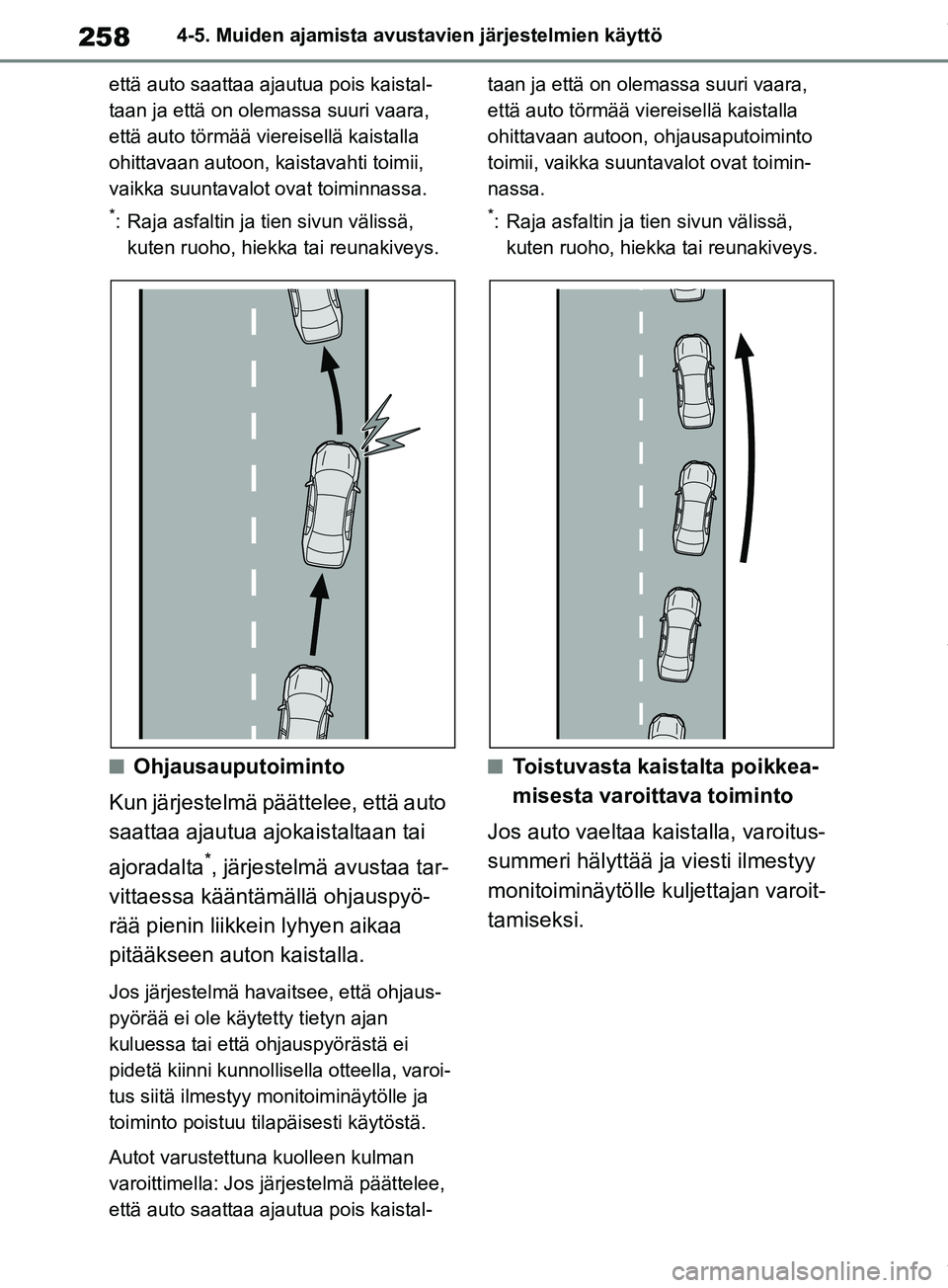 TOYOTA RAV4 2018 Omistajan Käsikirja (in Finnish) 2584-5. Muiden ajamista avustavien järjestelmien käyttö
että auto saattaa ajautua pois kaistal-
taan ja että on olemassa suuri vaara,
että auto törmää viereisellä kaistalla
ohittavaan auto TOYOTA RAV4 2018 Omistajan Käsikirja (in Finnish) 2584-5. Muiden ajamista avustavien järjestelmien käyttö
että auto saattaa ajautua pois kaistal-
taan ja että on olemassa suuri vaara,
että auto törmää viereisellä kaistalla
ohittavaan auto