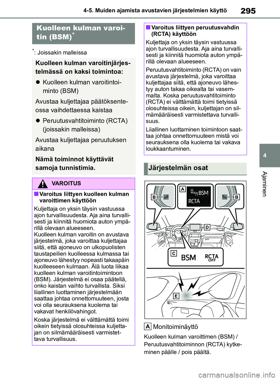 TOYOTA RAV4 2018  Omistajan Käsikirja (in Finnish) 295
4
4-5. Muiden ajamista avustavien järjestelmien käyttö
Ajaminen
*: Joissakin malleissa
Monitoiminäyttö
Kuolleen kulman varoittimen (BSM) / 
Peruutusvahtitoiminnon (RCTA) kytke-
minen päälle