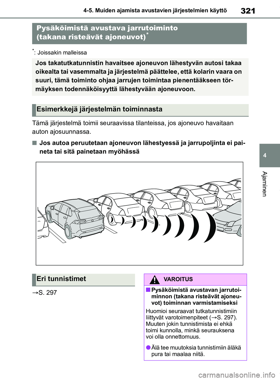 TOYOTA RAV4 2018 Omistajan Käsikirja (in Finnish) 321
4
4-5. Muiden ajamista avustavien järjestelmien käyttö
Ajaminen
*: Joissakin malleissa
Tämä järjestelmä toimii seuraavissa tilanteissa, jos ajoneuvo havaitaan
auton ajosuunnassa.
nJos auto TOYOTA RAV4 2018 Omistajan Käsikirja (in Finnish) 321
4
4-5. Muiden ajamista avustavien järjestelmien käyttö
Ajaminen
*: Joissakin malleissa
Tämä järjestelmä toimii seuraavissa tilanteissa, jos ajoneuvo havaitaan
auton ajosuunnassa.
nJos auto