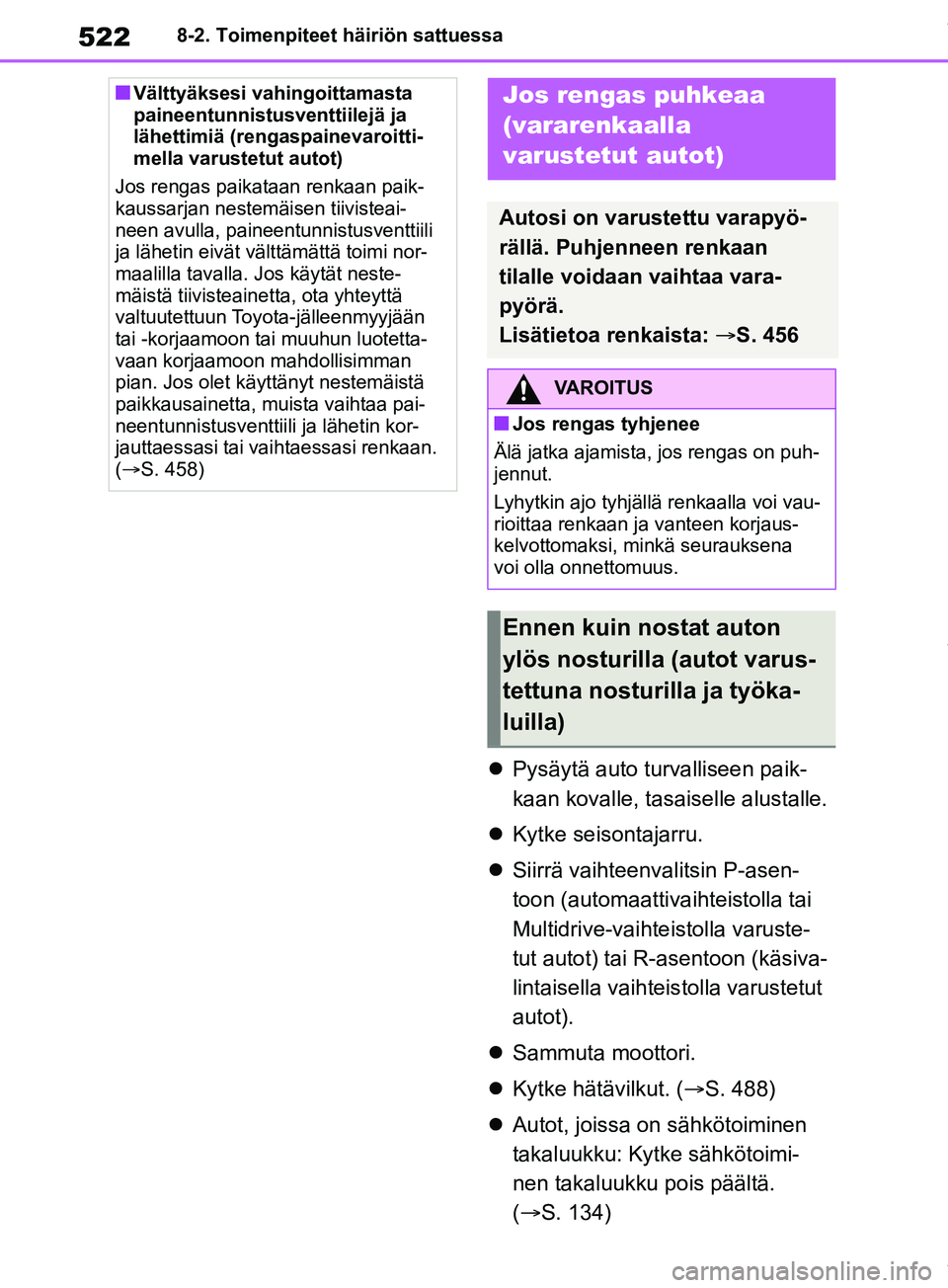 TOYOTA RAV4 2018 Omistajan Käsikirja (in Finnish) 5228-2. Toimenpiteet häiriön sattuessa
Pysäytä auto turvalliseen paik-
kaan kovalle, tasaiselle alustalle.
Kytke seisontajarru.
Siirrä vaihteenvalitsin P-asen-
toon (automaattivaihteis TOYOTA RAV4 2018 Omistajan Käsikirja (in Finnish) 5228-2. Toimenpiteet häiriön sattuessa
Pysäytä auto turvalliseen paik-
kaan kovalle, tasaiselle alustalle.
Kytke seisontajarru.
Siirrä vaihteenvalitsin P-asen-
toon (automaattivaihteis