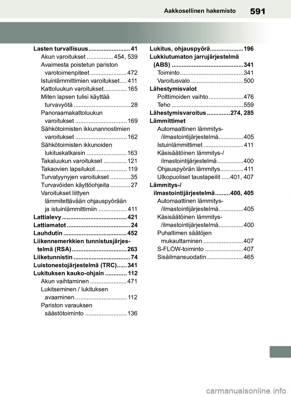 TOYOTA RAV4 2018 Omistajan Käsikirja (in Finnish) 591Aakkosellinen hakemisto
Lasten turvallisuus ......................... 41Akun varoitukset ................ 454, 539
Avaimesta poistetun pariston varotoimenpiteet ...................... 472
Istuinlä TOYOTA RAV4 2018 Omistajan Käsikirja (in Finnish) 591Aakkosellinen hakemisto
Lasten turvallisuus ......................... 41Akun varoitukset ................ 454, 539
Avaimesta poistetun pariston varotoimenpiteet ...................... 472
Istuinlä