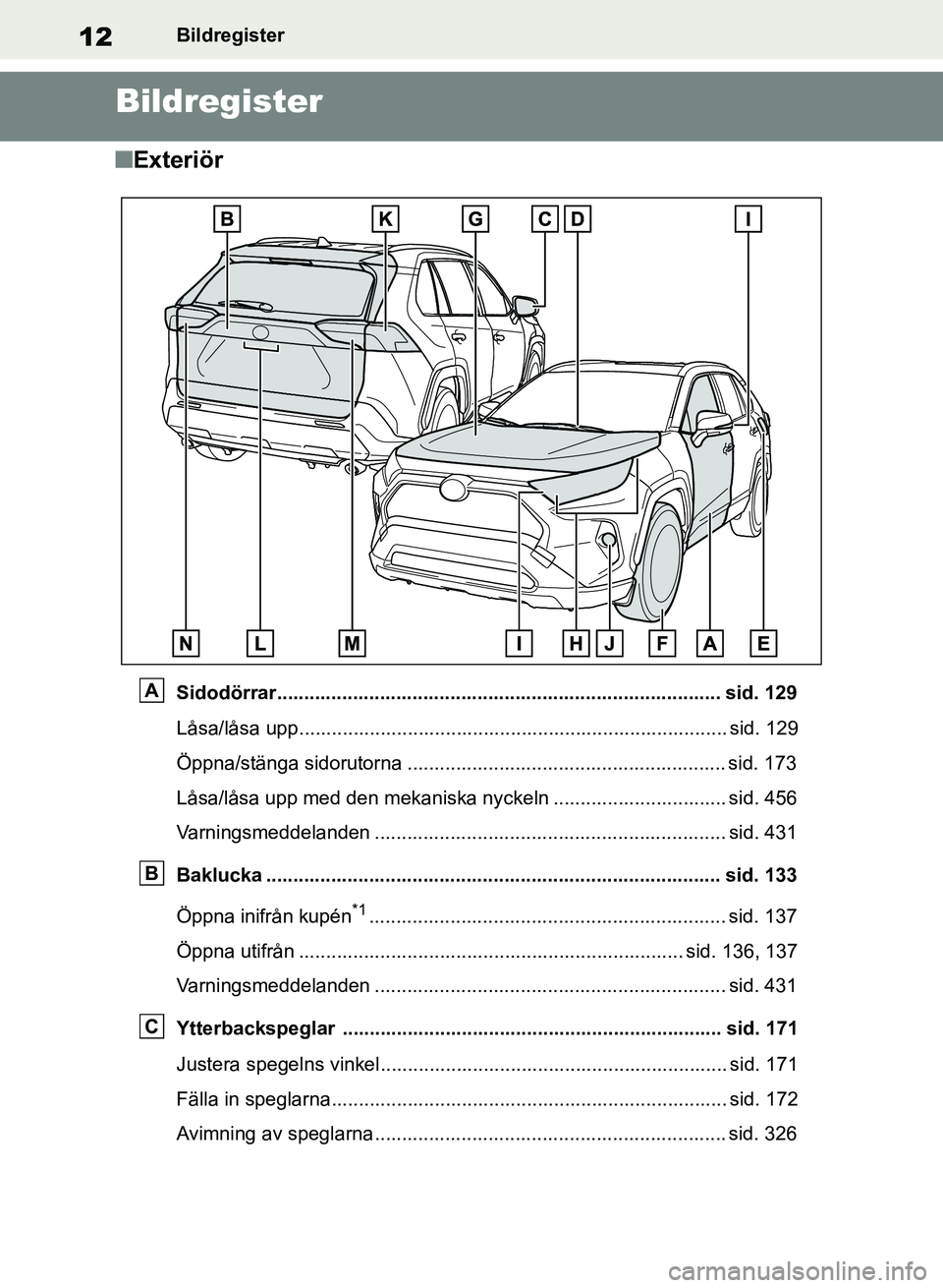 TOYOTA RAV4 2018  Bruksanvisningar (in Swedish) 12Bildregister
Bildregister
nExteriör
Sidodörrar.................................................................................. sid. 129
Låsa/låsa upp...........................................