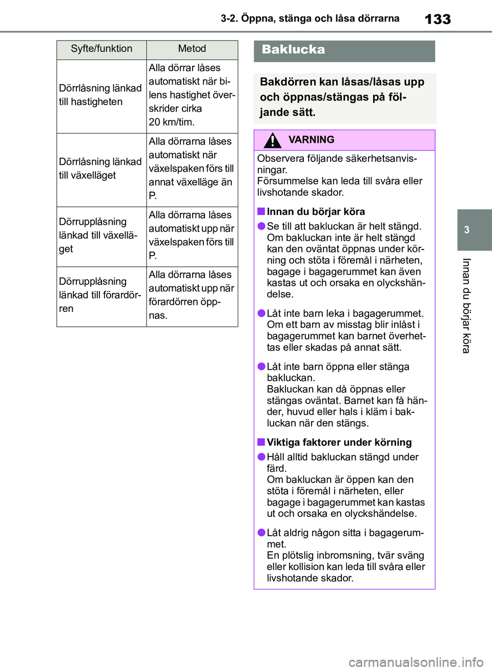 TOYOTA RAV4 2018  Bruksanvisningar (in Swedish) 133
3
3-2. Öppna, stänga och låsa dörrarna
Innan du börjar köra
Syfte/funktionMetod
Dörrlåsning länkad 
till hastigheten
Alla dörrar låses 
automatiskt när bi-
lens hastighet över-
skride