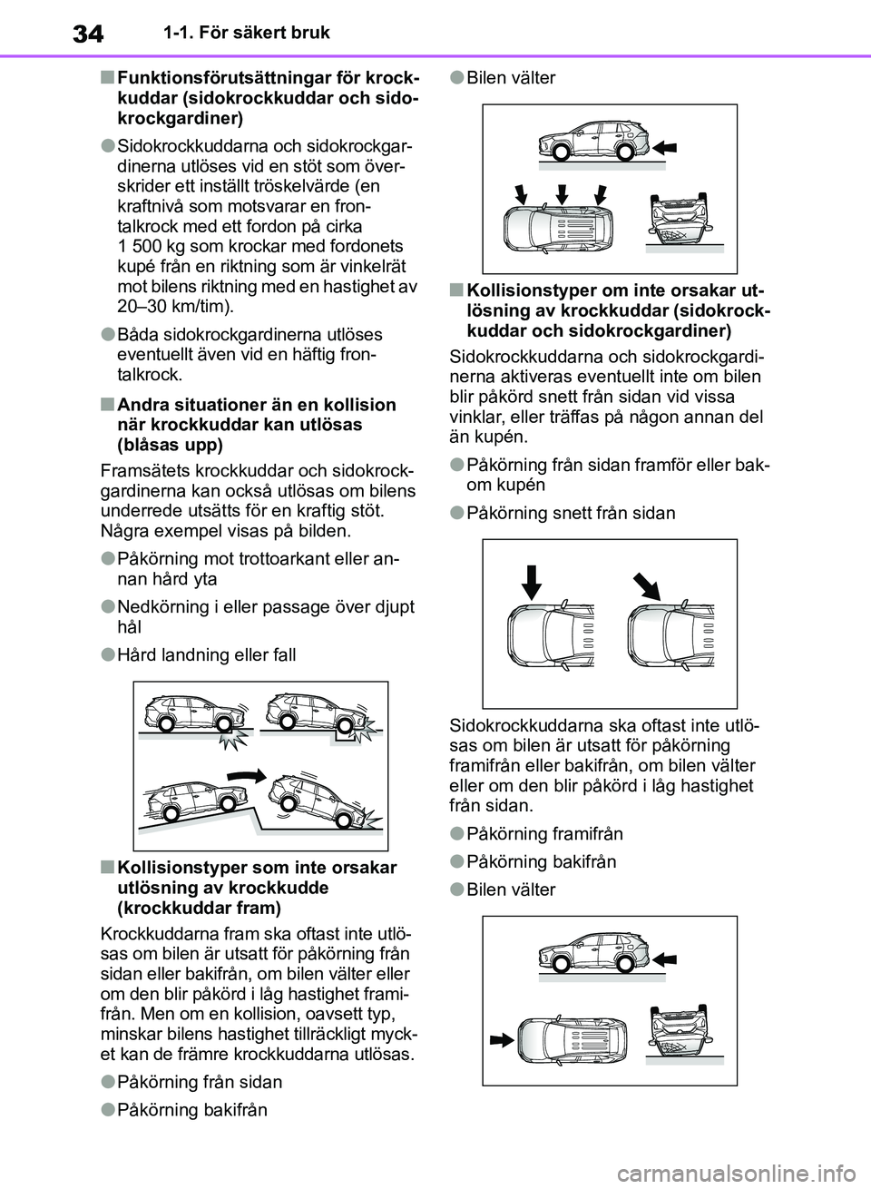 TOYOTA RAV4 2018  Bruksanvisningar (in Swedish) 341-1. För säkert bruk
nFunktionsförutsättningar för krock-
kuddar (sidokrockkuddar och sido-
krockgardiner)
lSidokrockkuddarna och sidokrockgar-
dinerna utlöses vid en stöt som över-
skrider 