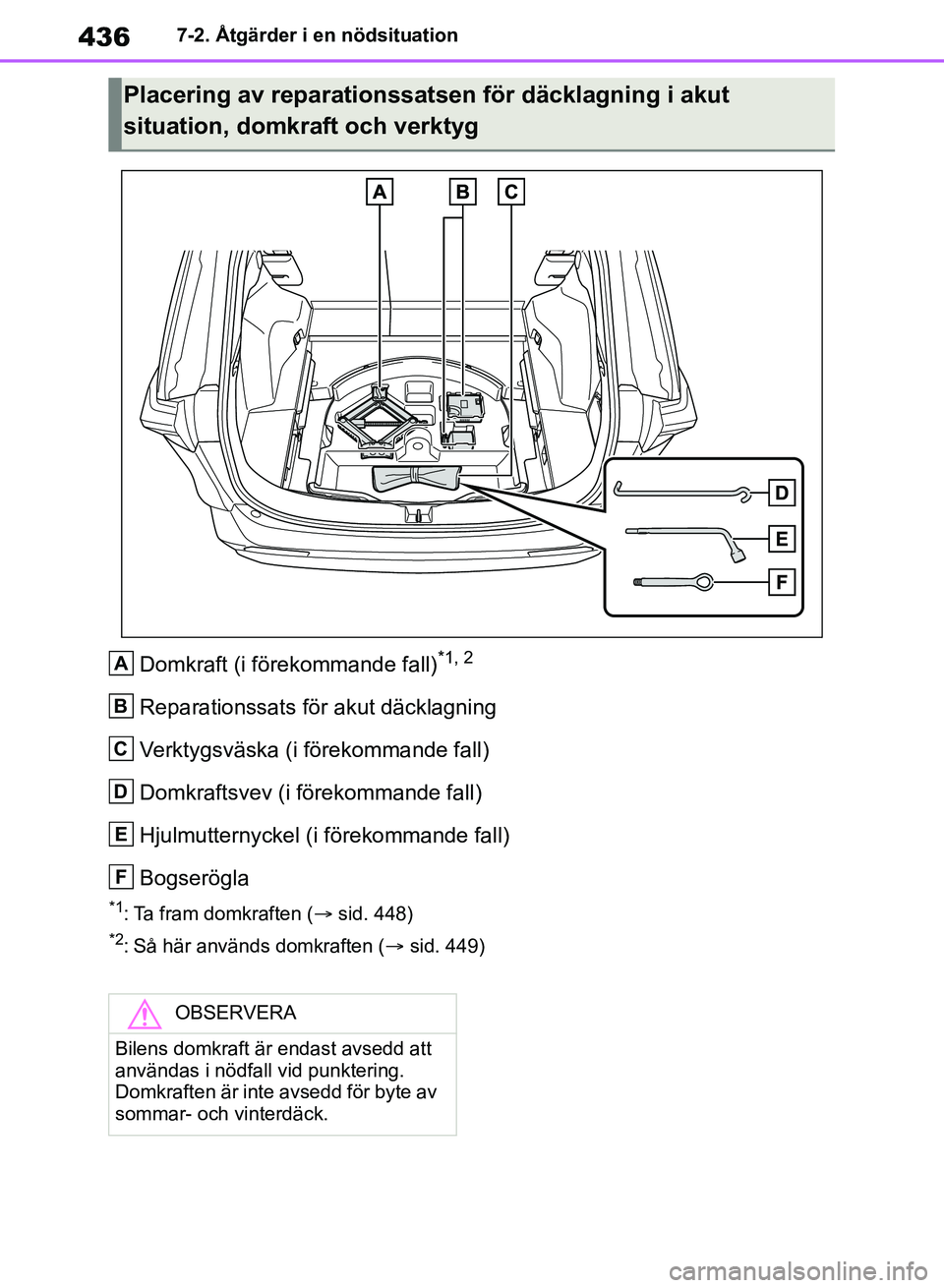 TOYOTA RAV4 2018  Bruksanvisningar (in Swedish) 4367-2. Åtgärder i en nödsituation
Domkraft (i förekommande fall)*1, 2
Reparationssats för akut däcklagning
Verktygsväska (i förekommande fall)
Domkraftsvev (i förekommande fall)
Hjulmutterny