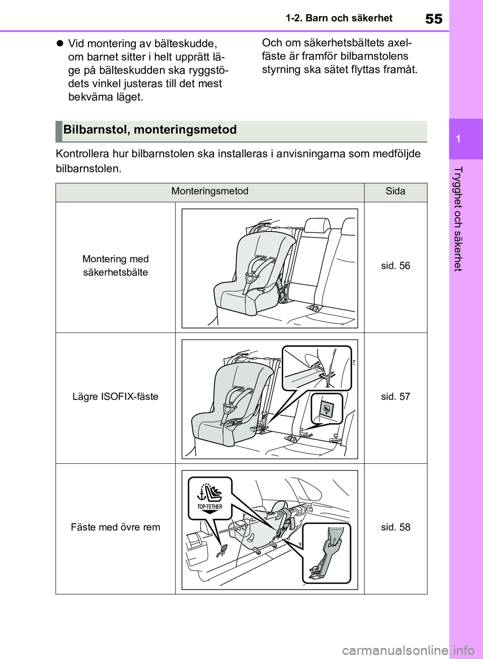 TOYOTA RAV4 2018  Bruksanvisningar (in Swedish) 55
1
1-2. Barn och säkerhet
Trygghet och säkerhet

Vid montering av bälteskudde, 
om barnet sitter i helt upprätt lä-
ge på bälteskudden ska ryggstö-
dets vinkel justeras till det mest 
bek