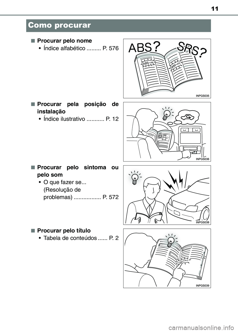 TOYOTA RAV4 2016  Manual de utilização (in Portuguese) 11
Como procurar 
■Procurar pelo nome Índice alfabético ......... P. 576
■Procurar pela posição de
instalação Índice ilustrativo ........... P. 12
■Procurar pelo sintoma ou
pelo som
 O