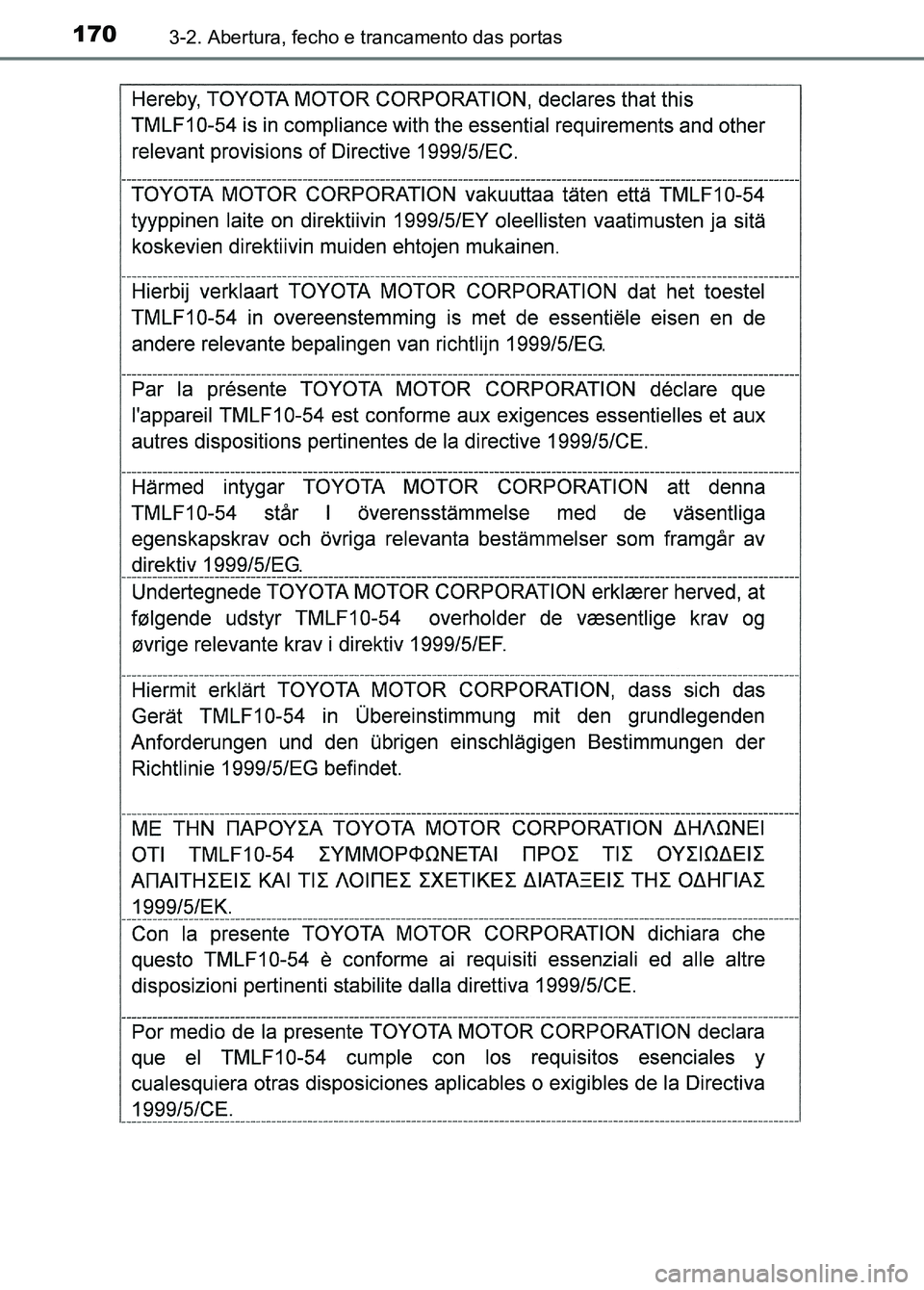 TOYOTA RAV4 2016  Manual de utilização (in Portuguese) 1703-2. Abertura, fecho e trancamento das portas
sec_03-02.fm  Page 170  Thurs day, October 6, 2016  11:52 AM 