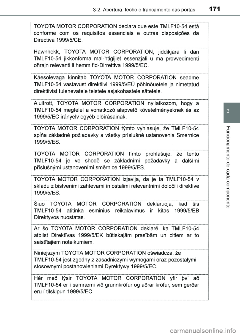 TOYOTA RAV4 2016  Manual de utilização (in Portuguese) 1713-2. Abertura, fecho e trancamento das portas
3
Funcionamento de cada componente
sec_03-02.fm  Page 171  Thursday, October 6, 2016  11:52 AM 