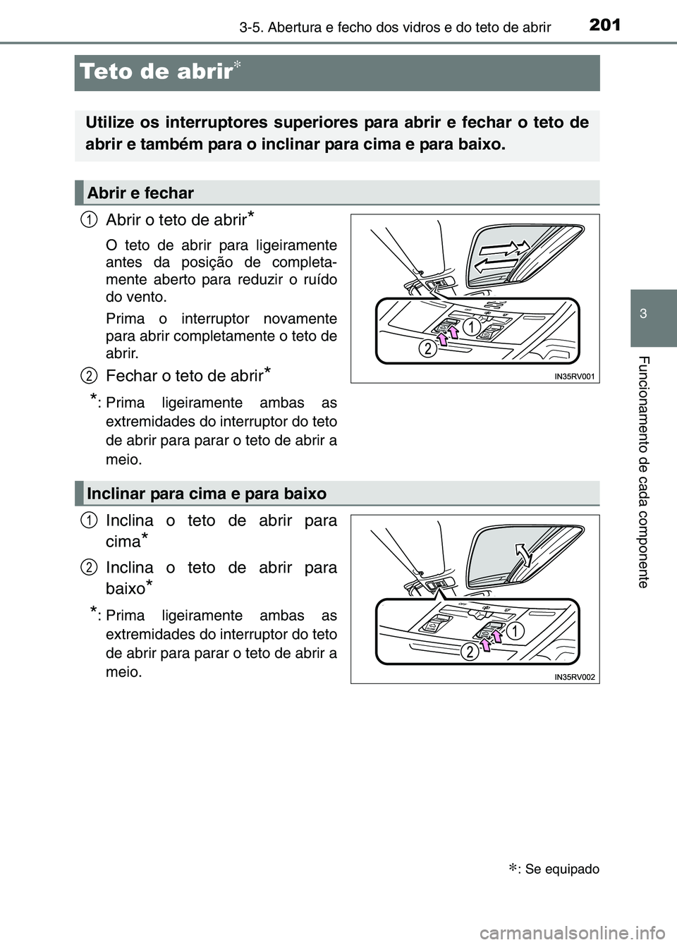 TOYOTA RAV4 2016  Manual de utilização (in Portuguese) 201
3
3-5. Abertura e fecho dos vidros e do teto de abrir
Funcionamento de cada componente
Teto de abrir∗
Abrir o teto de abrir*
O teto de abrir para ligeiramente
antes da posição de completa-
men