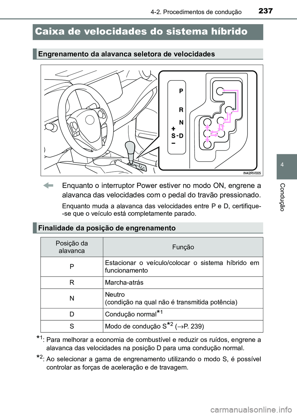 TOYOTA RAV4 2016  Manual de utilização (in Portuguese) 237
4
4-2. Procedimentos de condução
Condução
Caixa de velocidades do sistema híbrido
Enquanto o interruptor Power estiver no modo ON, engrene a
alavanca das velocidades com o pedal do travão pr