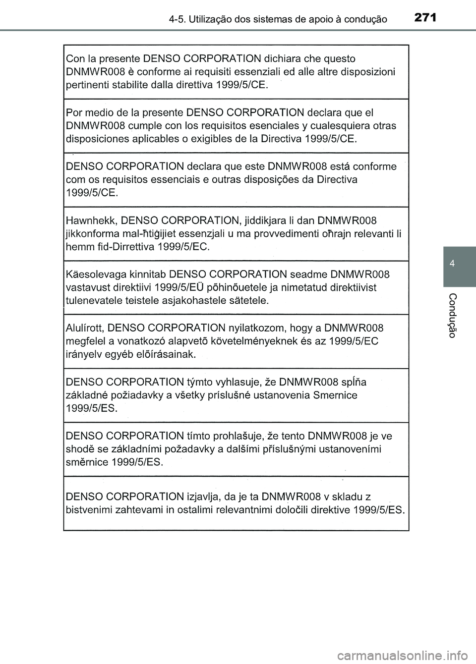 TOYOTA RAV4 2016  Manual de utilização (in Portuguese) 2714-5. Utilização dos sistemas de apoio à condução
4
Condução
sec_04-05.fm  Page 271  Thurs day, October 6, 2016  11:56 AM 