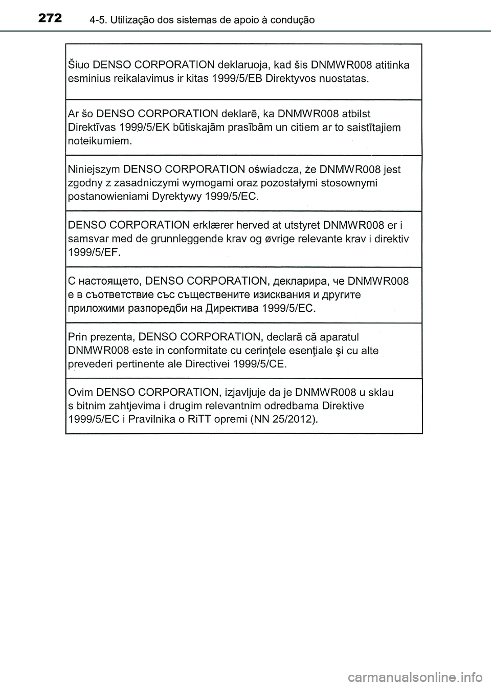 TOYOTA RAV4 2016  Manual de utilização (in Portuguese) 2724-5. Utilização dos sistemas de apoio à condução
sec_04-05.fm  Page 272  Thurs day, October 6, 2016  11:56 AM 