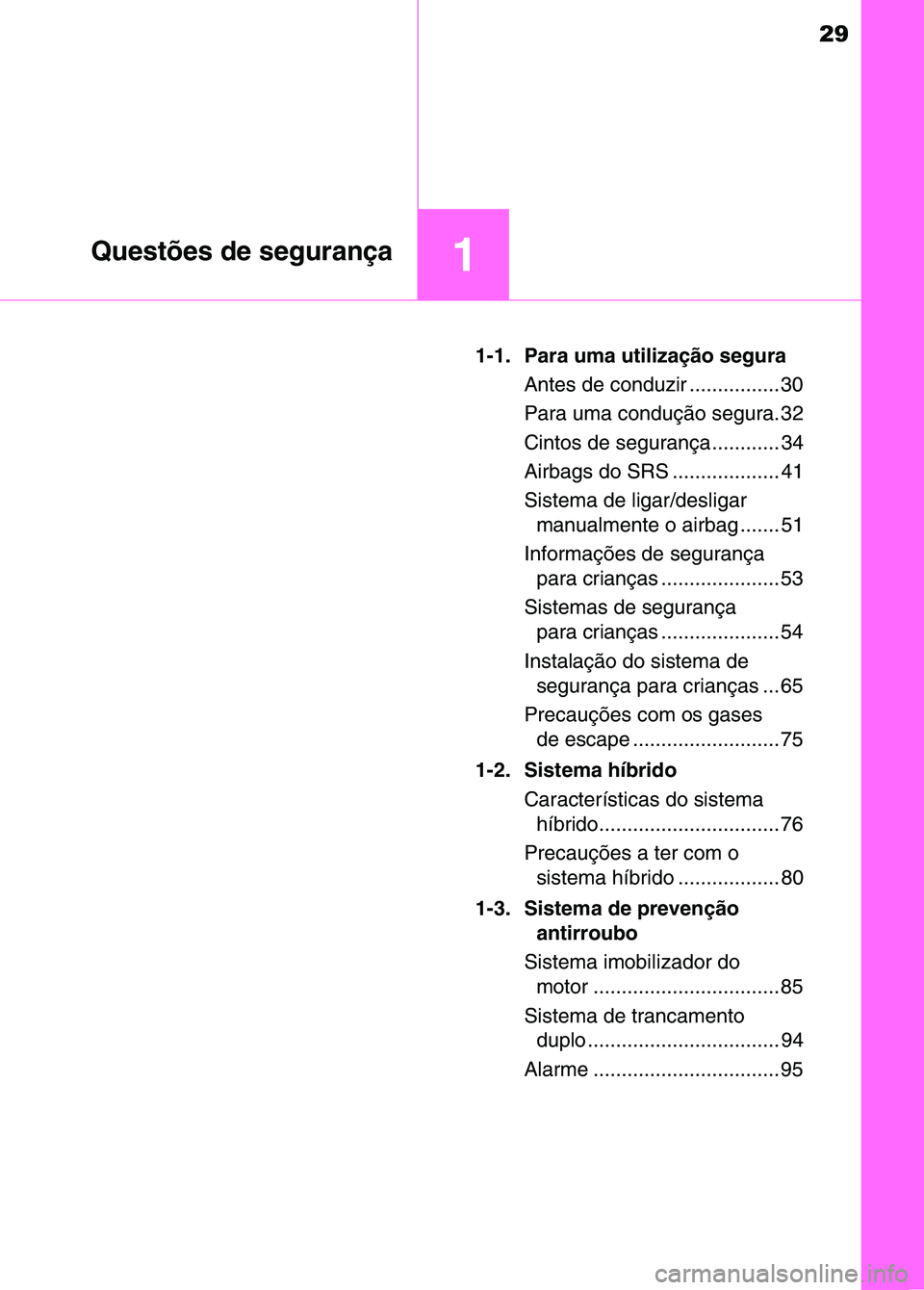 TOYOTA RAV4 2016  Manual de utilização (in Portuguese) 29
1Questões de segurança
1-1. Para uma utilização seguraAntes de conduzir ................ 30
Para uma condução segura. 32
Cintos de segurança ............ 34
Airbags do SRS ..................