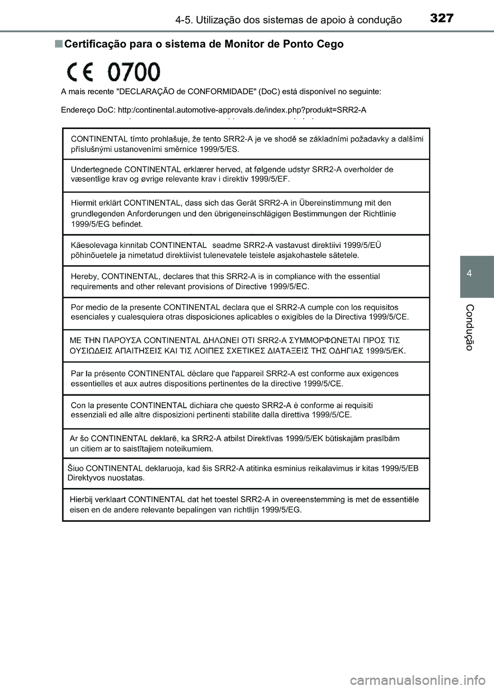 TOYOTA RAV4 2016  Manual de utilização (in Portuguese) 3274-5. Utilização dos sistemas de apoio à condução
4
Condução
■Certificação para o sistem a de Monitor de Ponto Cego
A mais recente "DECLARAÇÃO de CO NFORMIDADE" (DoC) está disp