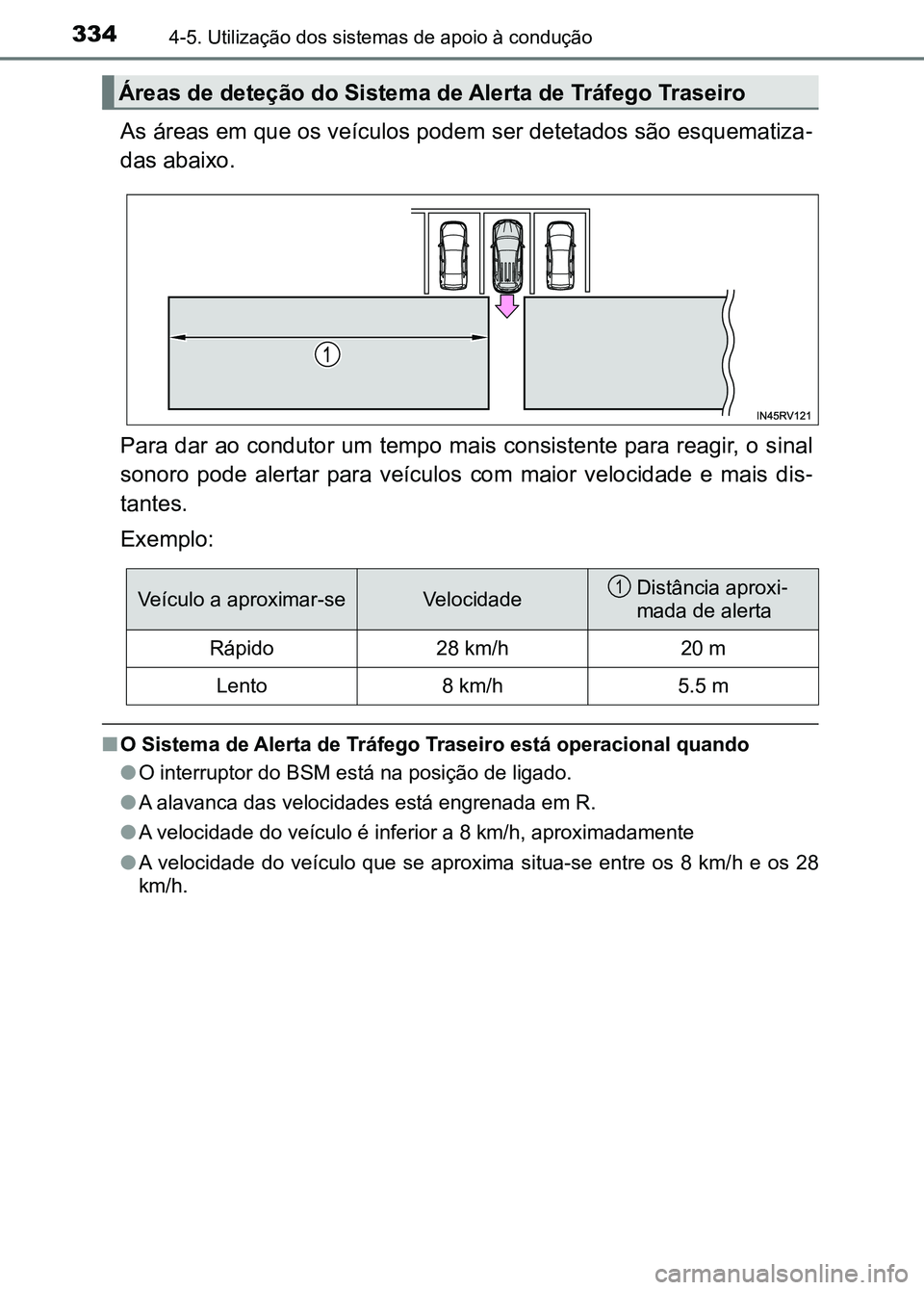 TOYOTA RAV4 2016  Manual de utilização (in Portuguese) 3344-5. Utilização dos sistemas de apoio à condução
As áreas em que os veículos podem ser detetados são esquematiza -
das abaixo.
Para dar ao condutor um tempo mais consistente para reagir, o 