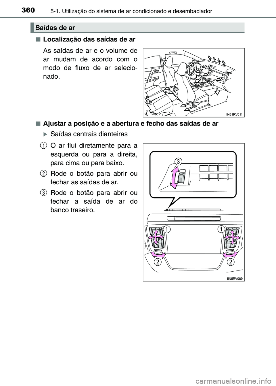 TOYOTA RAV4 2016  Manual de utilização (in Portuguese) 3605-1. Utilização do sistema de ar condicionado e desembaciador
■Localização das saídas de ar
As saídas de ar e o volume de
ar mudam de acordo com o
modo de fluxo de ar selecio-
nado.
■Ajus