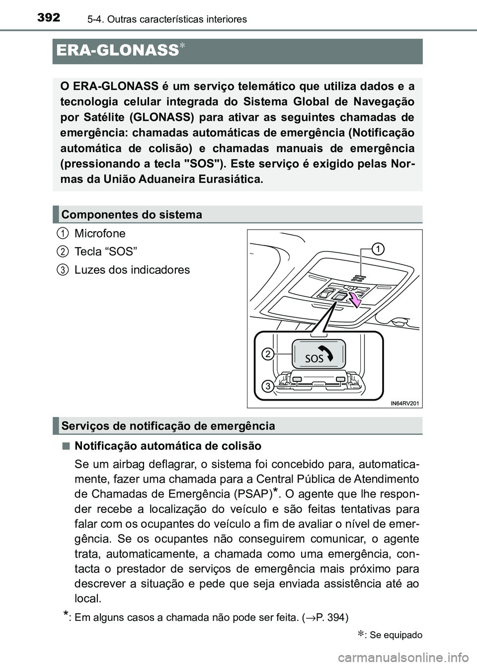 TOYOTA RAV4 2016 Manual de utilização (in Portuguese) 3925-4. Outras características interiores
ERA-GLONASS∗
Microfone
Tecla “SOS”
Luzes dos indicadores
■Notificação automática de colisão
Se um airbag deflagrar, o sistema foi concebi TOYOTA RAV4 2016 Manual de utilização (in Portuguese) 3925-4. Outras características interiores
ERA-GLONASS∗
Microfone
Tecla “SOS”
Luzes dos indicadores
■Notificação automática de colisão
Se um airbag deflagrar, o sistema foi concebi