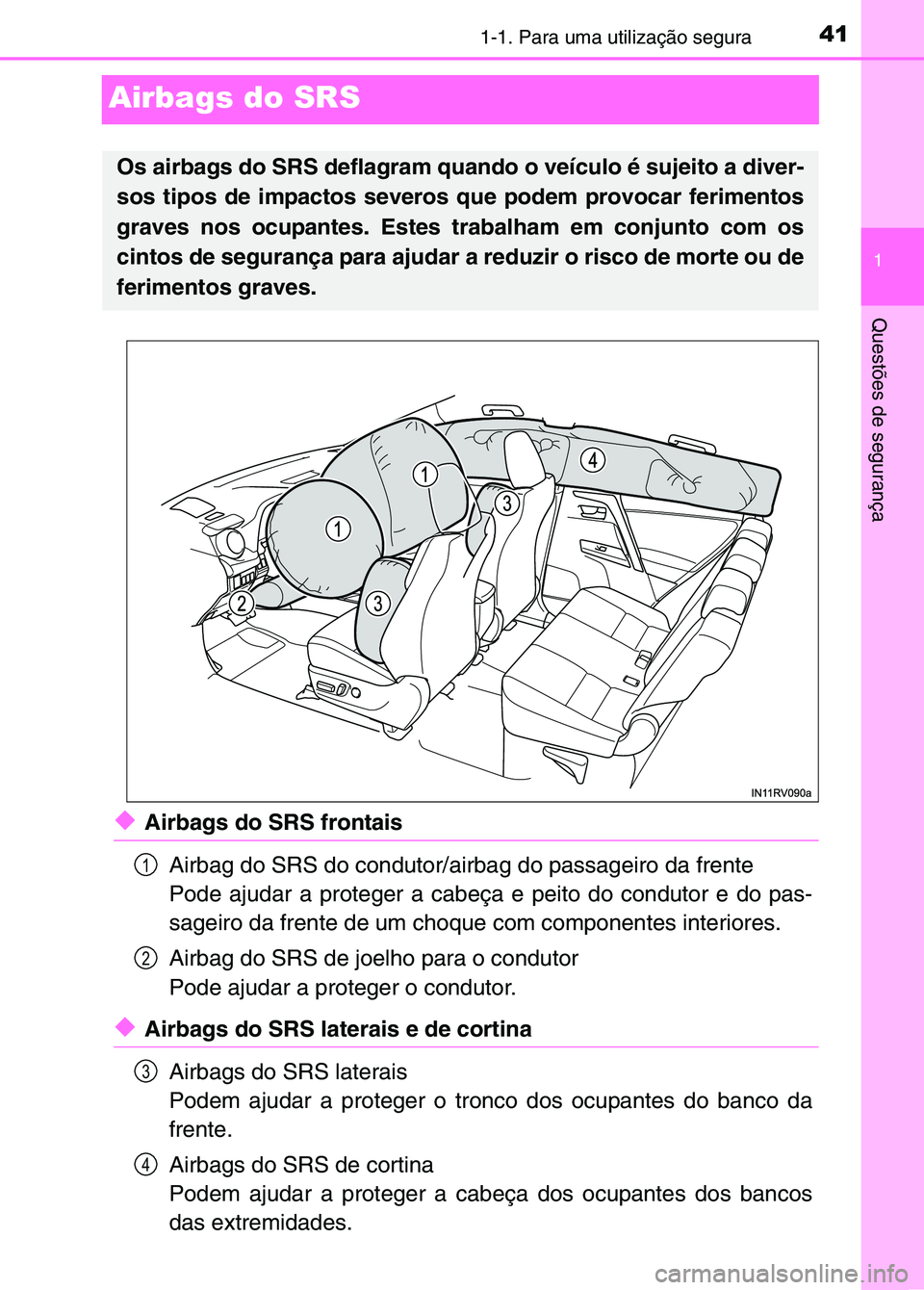 TOYOTA RAV4 2016  Manual de utilização (in Portuguese) 411-1. Para uma utilização segura
1
Questões de segurança
Airbags do SRS
◆Airbags do SRS frontaisAirbag do SRS do condutor/airbag do passageiro da frente
Pode ajudar a proteger a cabeça e peito