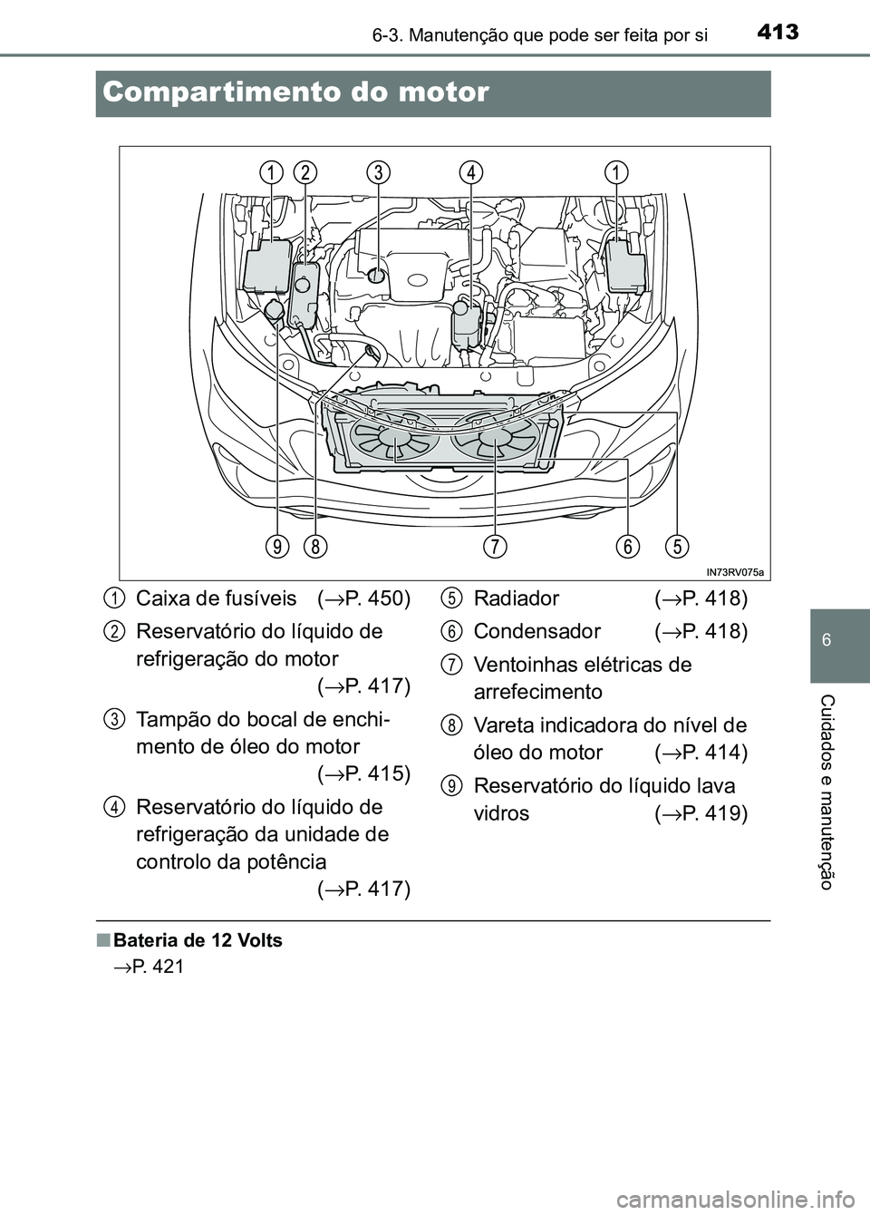 TOYOTA RAV4 2016  Manual de utilização (in Portuguese) 4136-3. Manutenção que pode ser feita por si
6
Cuidados e manutenção
Compartimento do motor
■Bateria de 12 Volts
→ P. 421
Caixa de fusíveis ( →P. 450)
Reservatório do líquido de 
refriger
