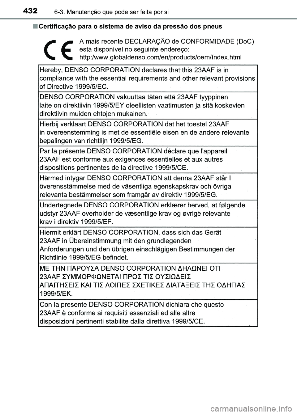 TOYOTA RAV4 2016  Manual de utilização (in Portuguese) 4326-3. Manutenção que pode ser feita por si
■Certificação para o sistema de aviso da pressão dos pneus
A mais recente DECLARAÇÃO de CONFORMIDADE (DoC)
está disponível no seguinte endereço