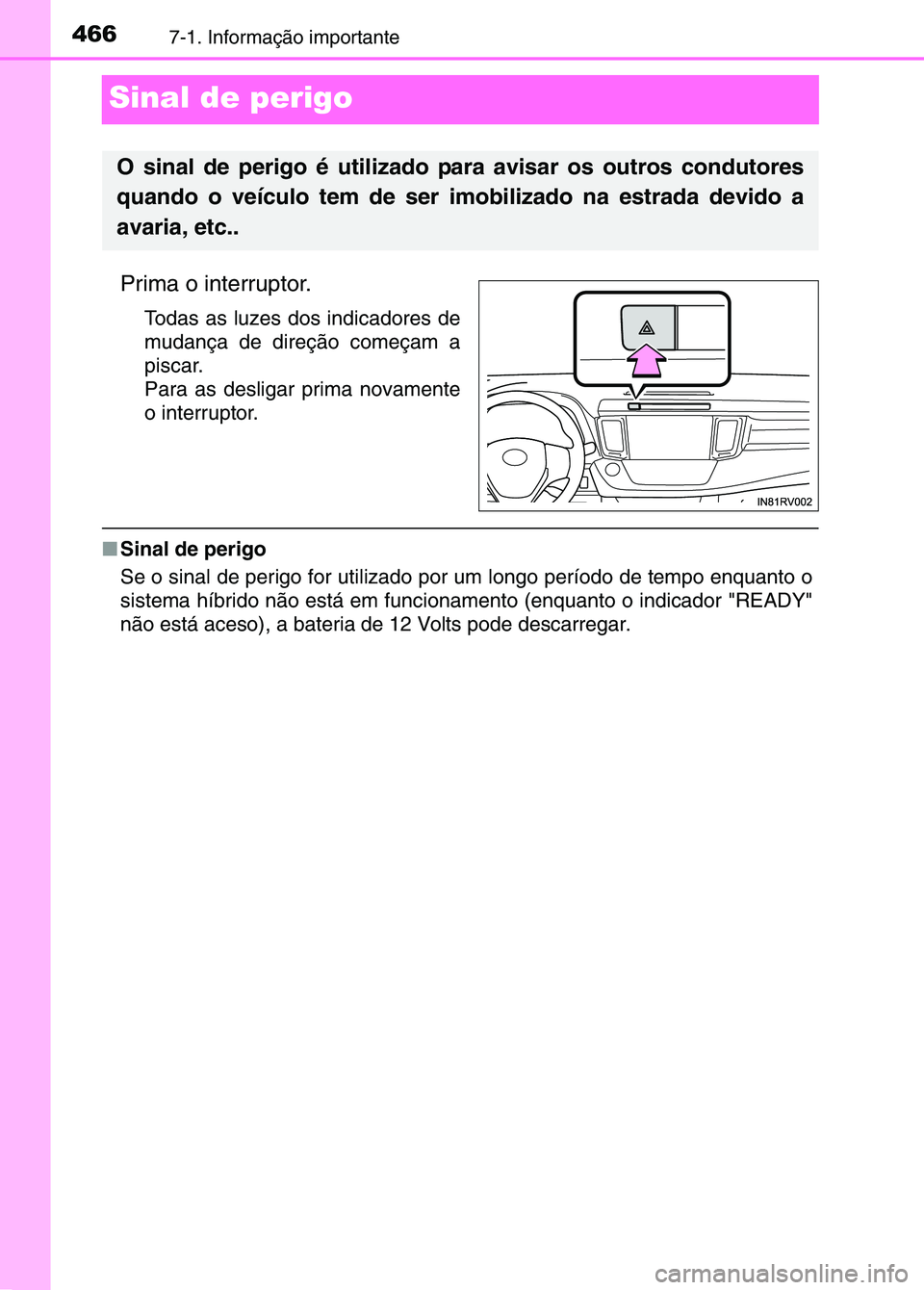 TOYOTA RAV4 2016  Manual de utilização (in Portuguese) 4667-1. Informação importante
Sinal de perigo
Prima o interruptor.
Todas as luzes dos indicadores de
mudança de direção começam a
piscar. 
Para as desligar prima novamente
o interruptor.
■Sina