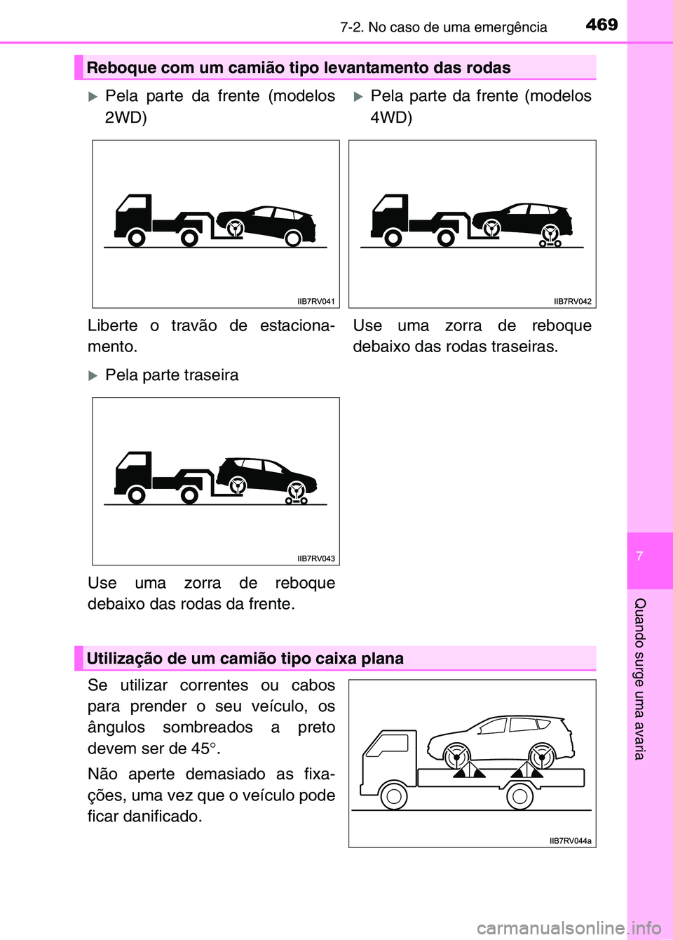 TOYOTA RAV4 2016  Manual de utilização (in Portuguese) 4697-2. No caso de uma emergência
7
Quando surge uma avaria
Se utilizar correntes ou cabos
para prender o seu veículo, os
ângulos sombreados a preto
devem ser de 45°.
Não aperte demasiado as fixa