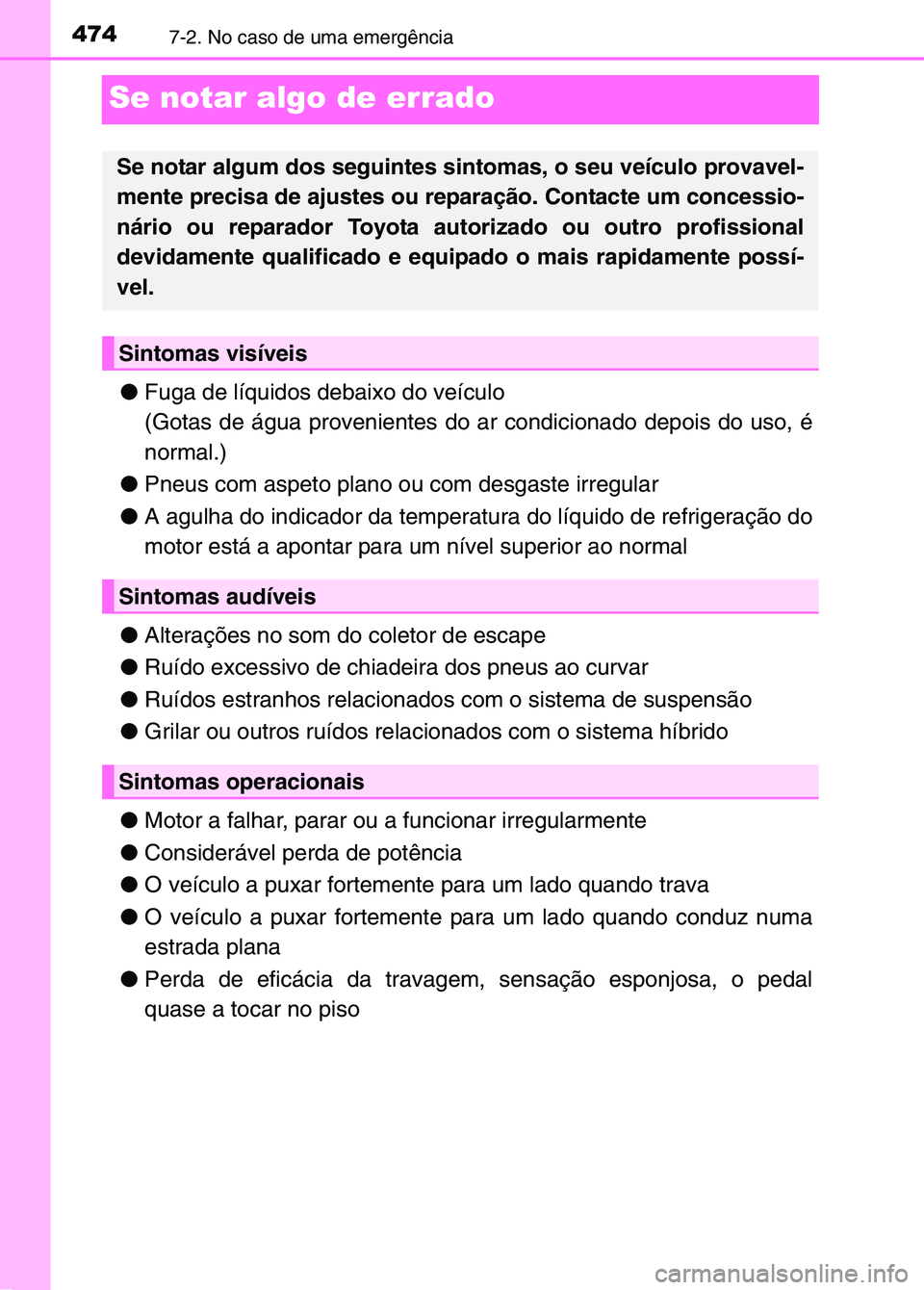 TOYOTA RAV4 2016  Manual de utilização (in Portuguese) 4747-2. No caso de uma emergência
Se notar algo de errado
●Fuga de líquidos debaixo do veículo
(Gotas de água provenientes do ar condicionado depois do uso, é
normal.)
● Pneus com aspeto plan