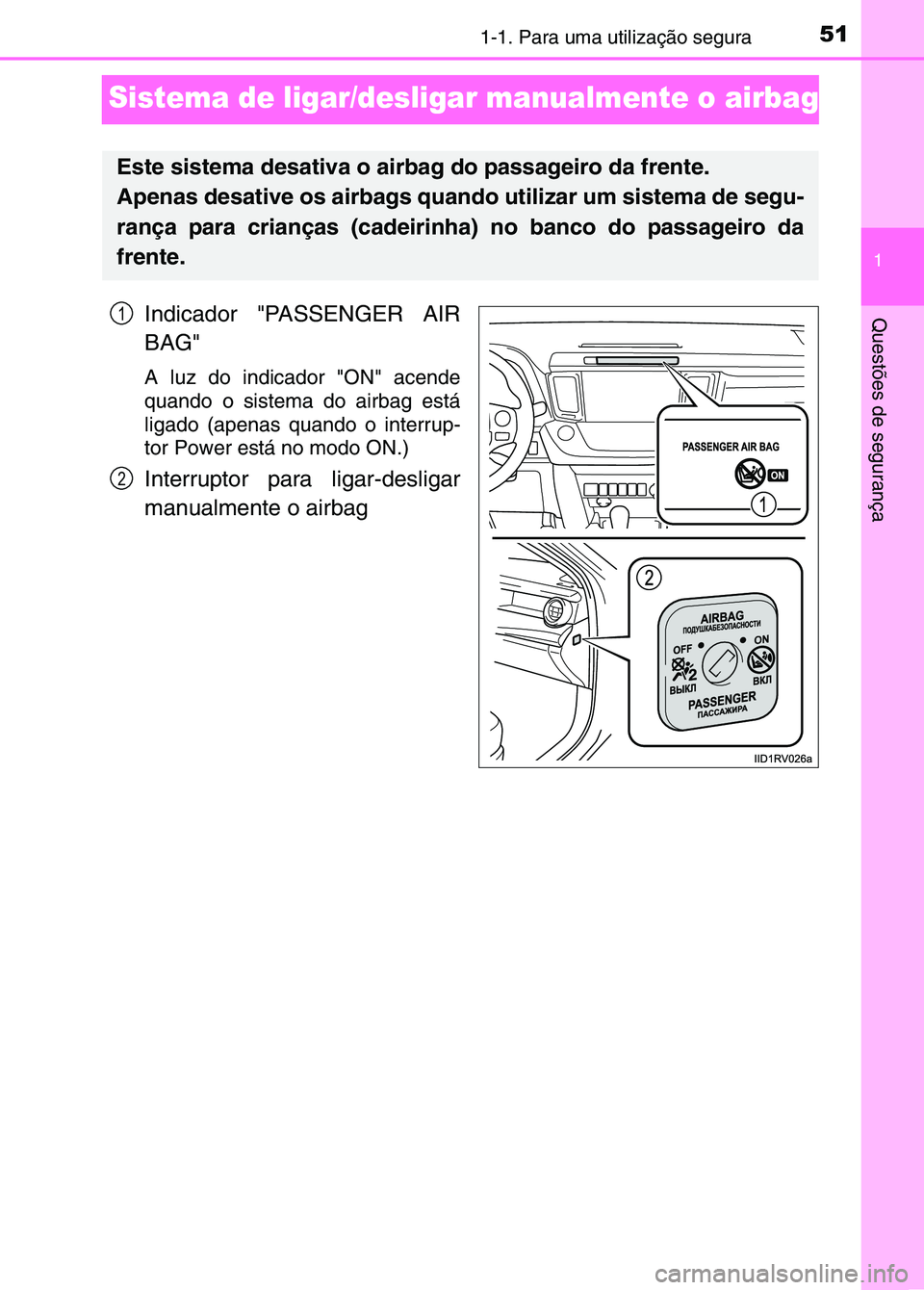TOYOTA RAV4 2016  Manual de utilização (in Portuguese) 511-1. Para uma utilização segura
1
Questões de segurança
Sistema de ligar/desligar manualmente o airbag
Indicador "PASSENGER AIR
BAG"
A luz do indicador "ON" acende
quando o sistema do airbag est