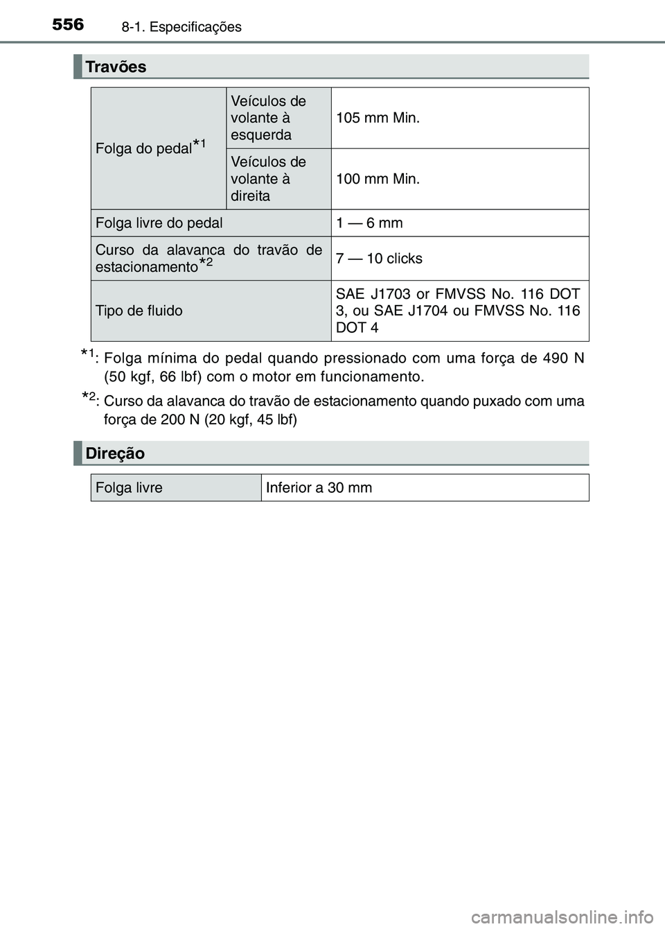 TOYOTA RAV4 2016  Manual de utilização (in Portuguese) 5568-1. Especificações
*1: Folga mínima do pedal quando pressionado com uma força de 490 N(50 kgf, 66 lbf) com o motor em funcionamento.
*2: Curso da alavanca do travão de  estacionamento quando 