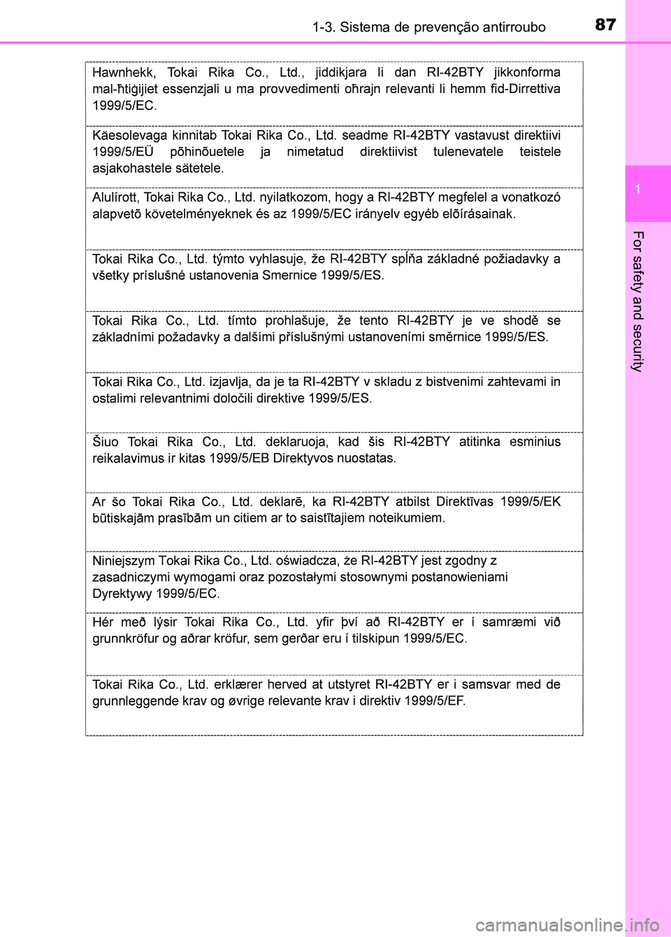 TOYOTA RAV4 2016  Manual de utilização (in Portuguese) 871-3. Sistema de prevenção antirroubo
1
For safety and security
sec_01-03.fm  Page 87  Thursday, October 6, 2016  11:48 AM 