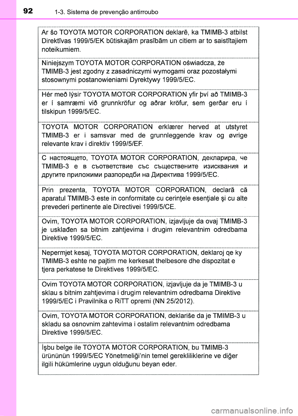 TOYOTA RAV4 2016  Manual de utilização (in Portuguese) 921-3. Sistema de prevenção antirroubo
sec_01-03.fm  Page 92  Thursday, October 6, 2016  11:48 AM 