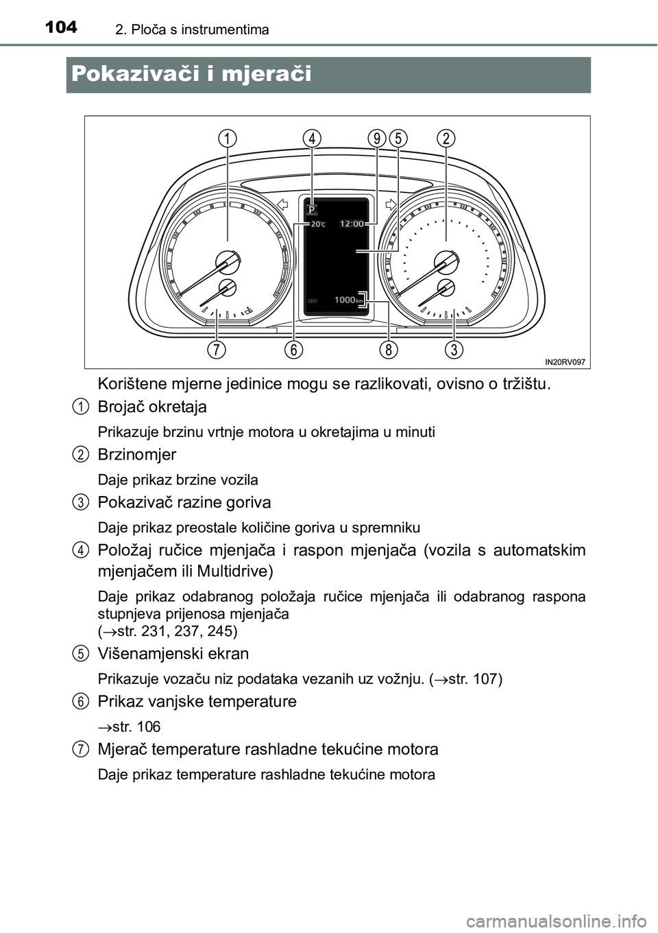 TOYOTA RAV4 2015  Upute Za Rukovanje (in Croatian) 1042. Ploča s instrumentima
Pokazivači i mjerači
Korištene mjerne jedinice mogu se razlikovati, ovisno o tržištu.
Brojač okretaja
Prikazuje brzinu vrtnje motora u okretajima u minuti
Brzinomjer